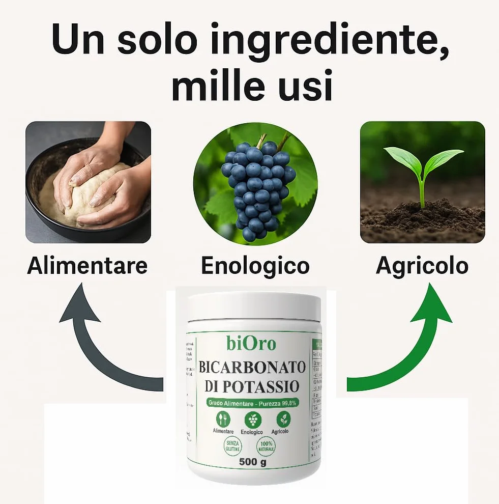 BICARBONATO DI POTASSIO Alimentare biOro 99,8% – 500g – Regolatore Acidità, Antifungino Naturale, Uso Enologico e Agricolo – Grado Alimentare Qualità Premium – Senza Glutine