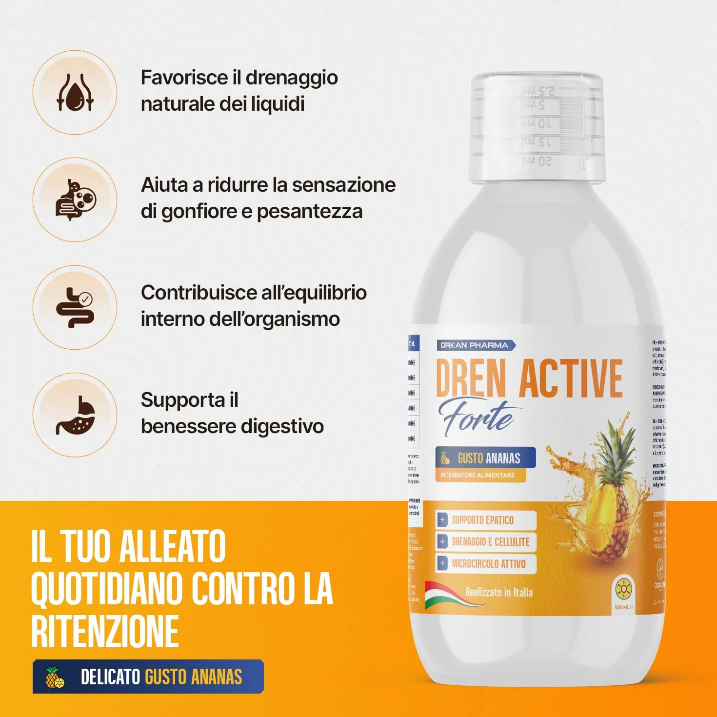 Diuretico Drenante Forte Detox Ritenzione Idrica Anticellulite 500 ML Gusto Ananas Made in Italy
