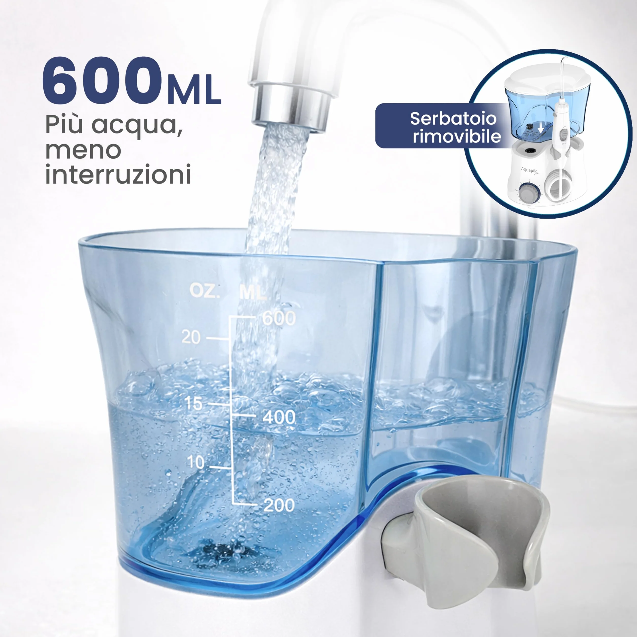 Aquapik PRO Idropulsore Dentale da Tavolo, Irrigatore Orale 600 ml con 8 Ugelli e 10 Livelli di Pressione, Ugello Rotante 360°, per Pulizia Interdentale, Apparecchi e Impianti, Bianco