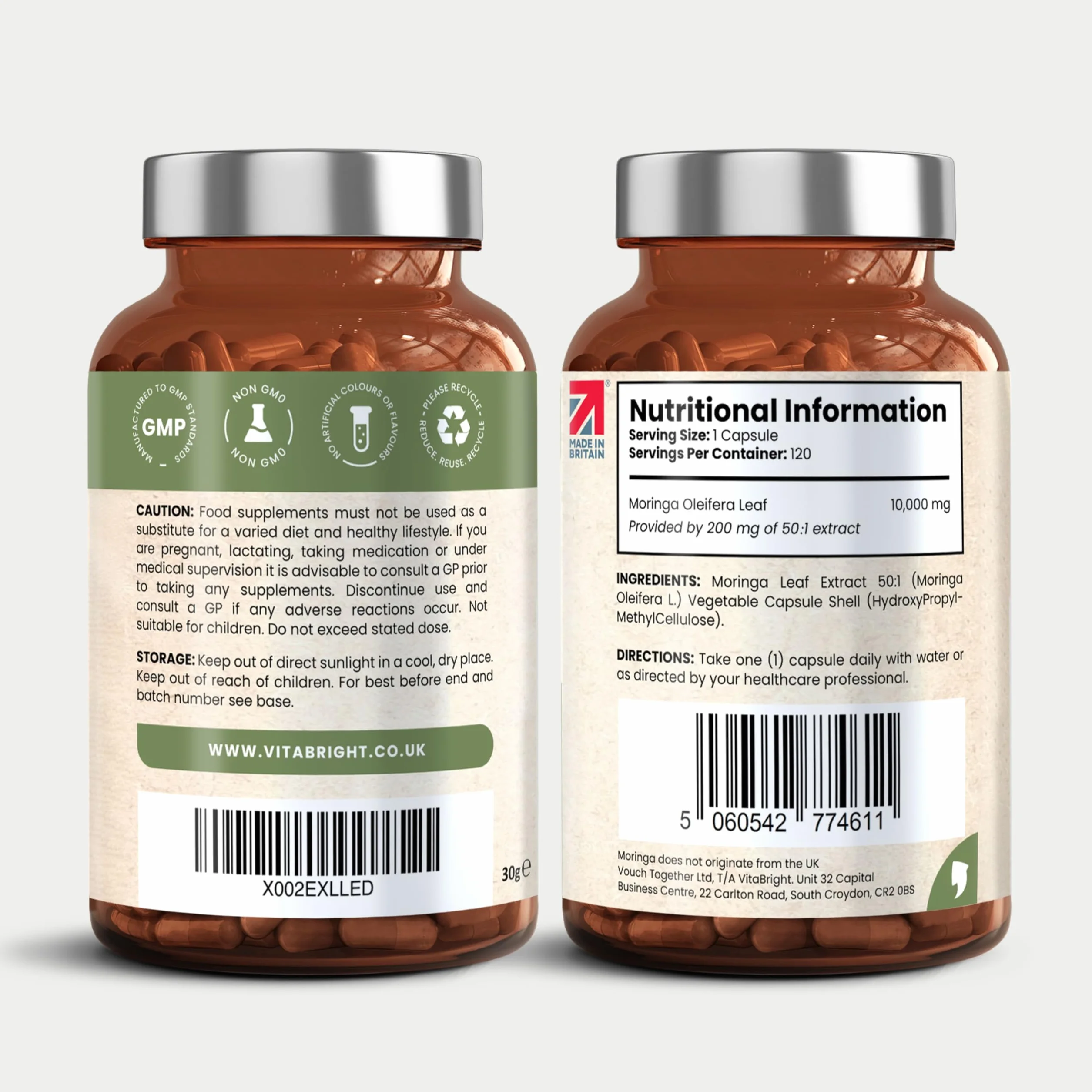 Capsule di Moringa Pura 10.000 mg Alto Dosaggio 4 Mesi Senza Additivi Superalimento Vegano in Polvere Estratto Puro di Foglia di Moringa VitaBright