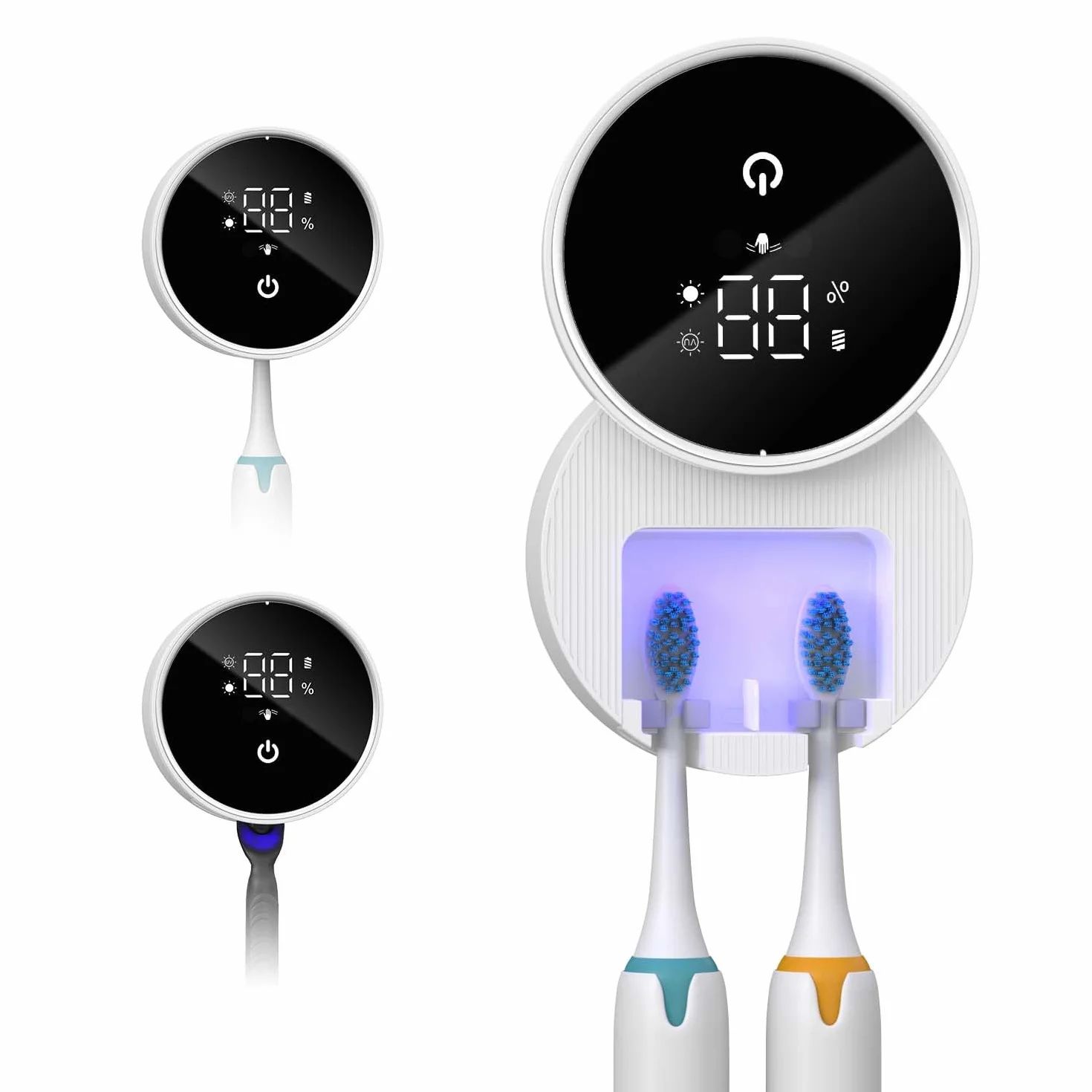 Sanitizer e supporto per spazzolino da denti UV, disinfettante per spazzolino da denti da parete con funzione di sterilizzazione e asciugatura, schermo intelligente a LED, copertura auto-induttiva