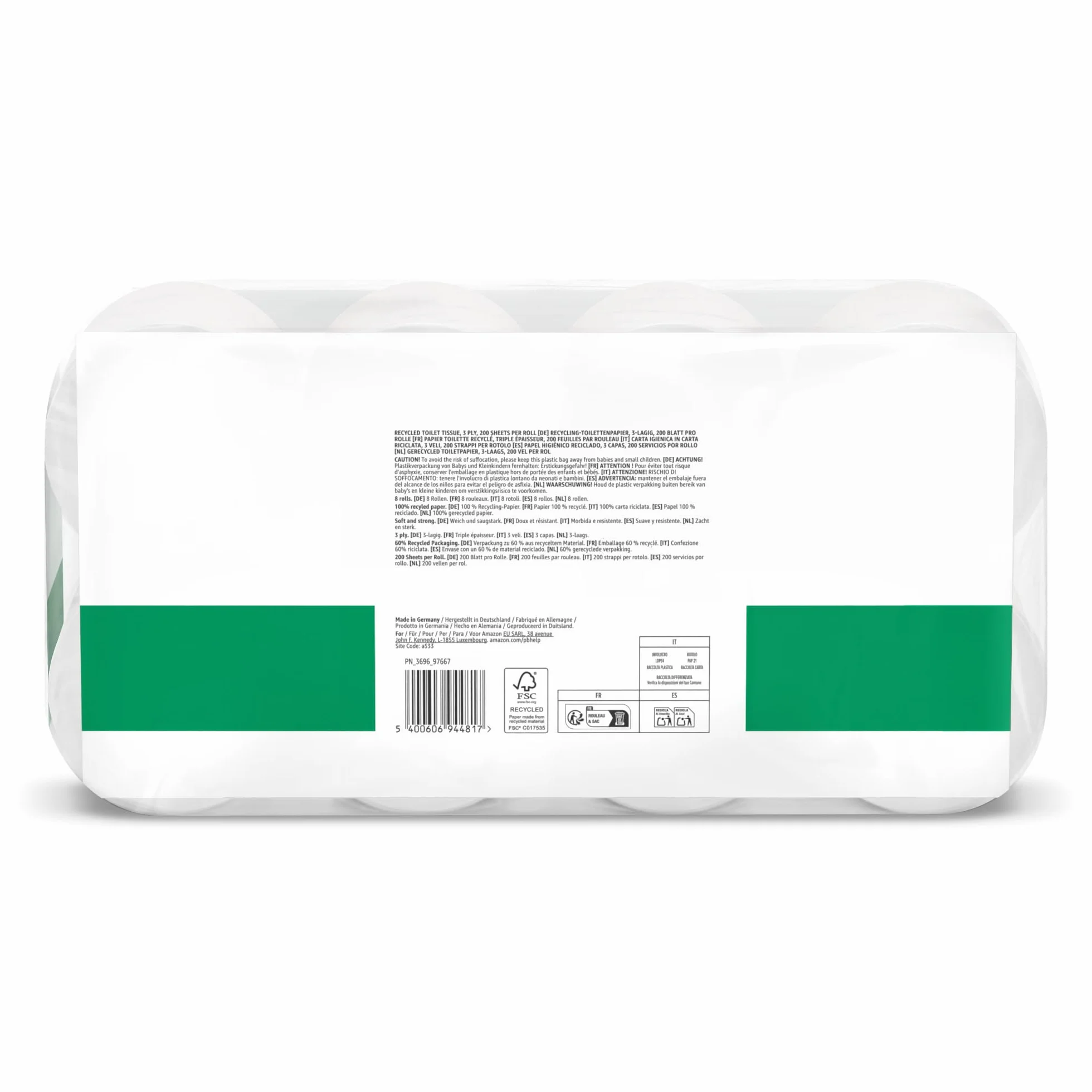 Carta Igienica Riciclata 100% Fibre Riciclate 3 Veli 200 Strappi 48 Rotoli FSC