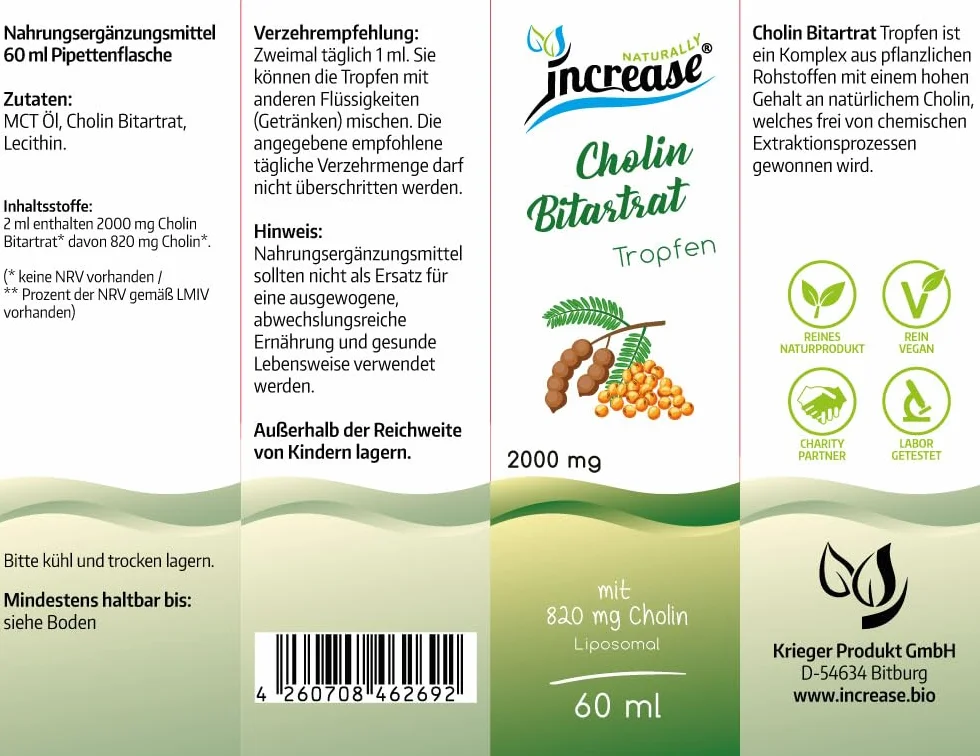 Colina bitartrato liposomiale gocce 60.000 mg 2000 mg per dose giornaliera 820 mg colina MCT olio alta biodisponibilità