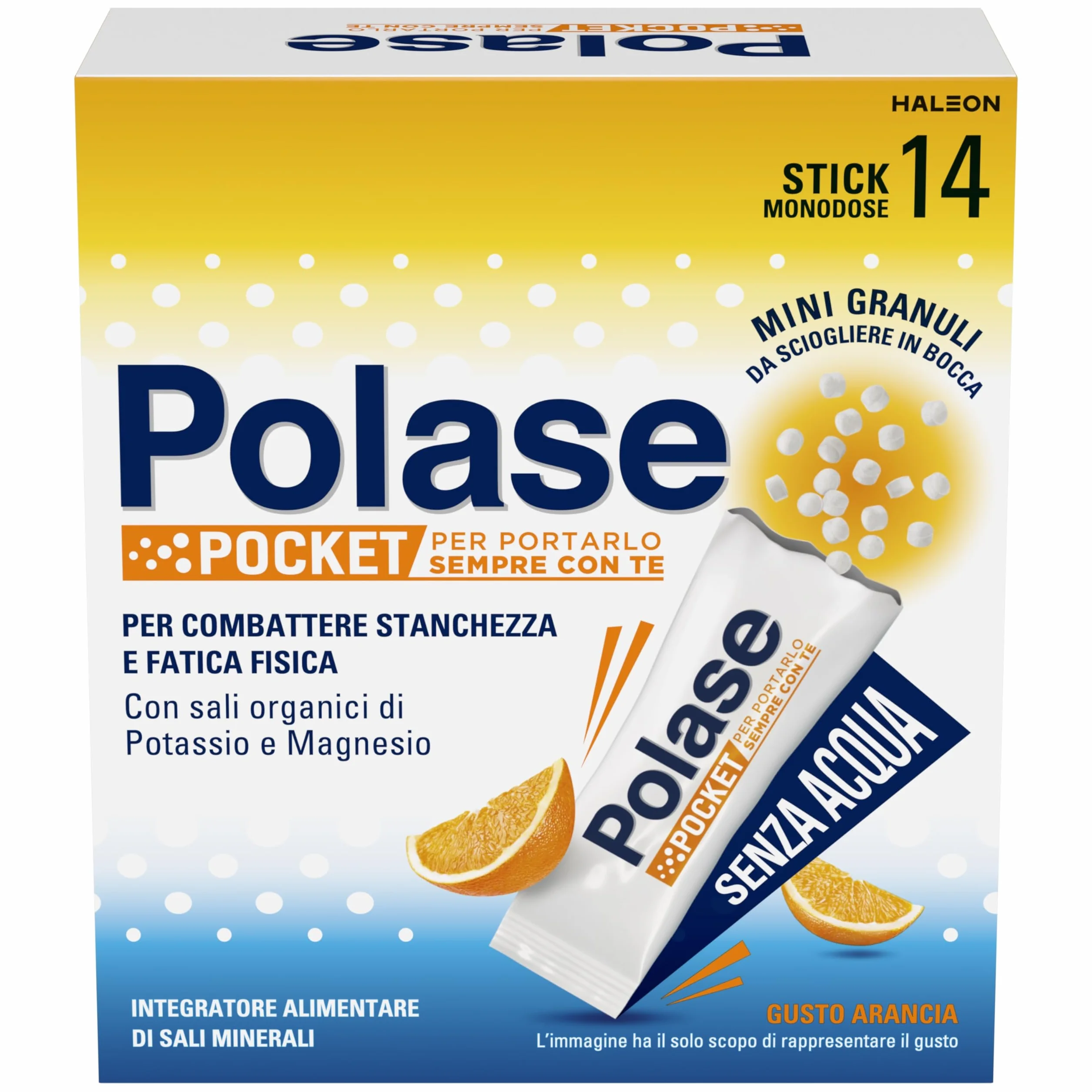 Polase Pocket, Integratore Alimentare di Magnesio e Potassio Contro Stanchezza e Fatica, Caldo, Gusto Arancia, 14 Stick orosolubili