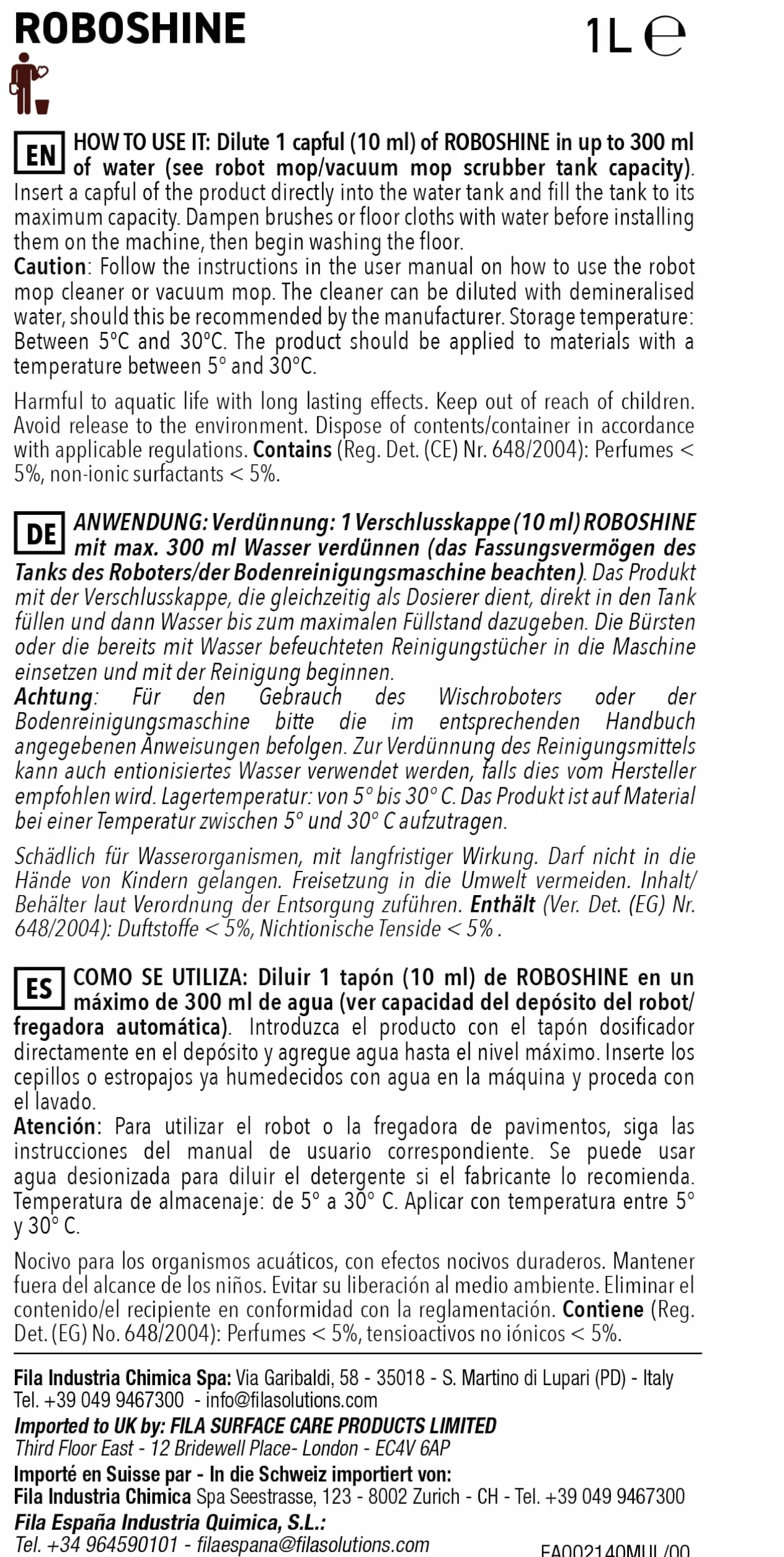 Fila ROBOSHINE Detergente per Robot Aspirapolvere Lavapavimenti 1L