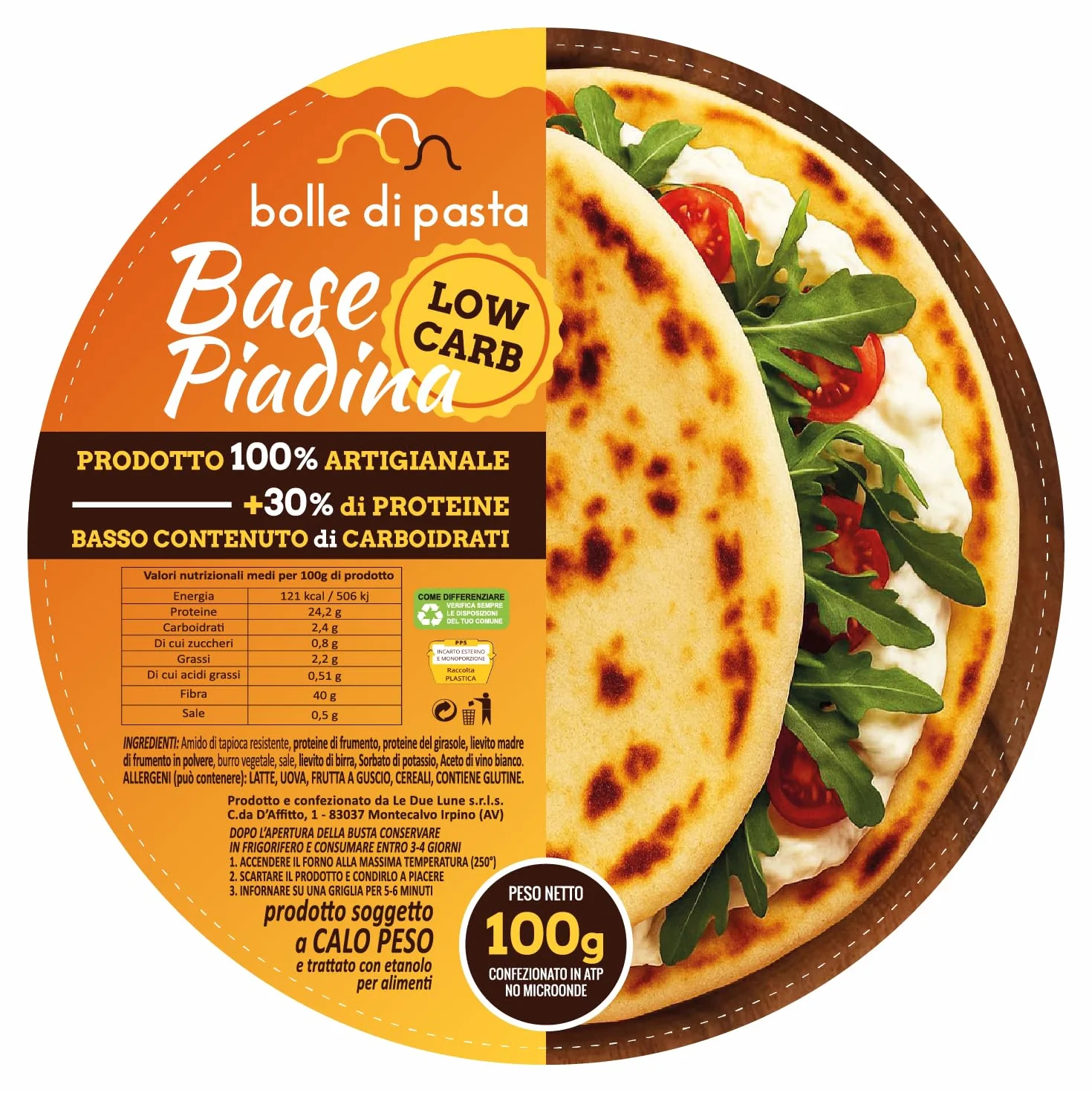Bolle di Pasta® Base Piadina Low Carb Keto – Piadine Proteiche 100 g – +30% Proteine, Basso Contenuto di Carboidrati – Ideale per Dieta Low Carb e Chetogenica – Piadina Artigianale (3 Confezioni)