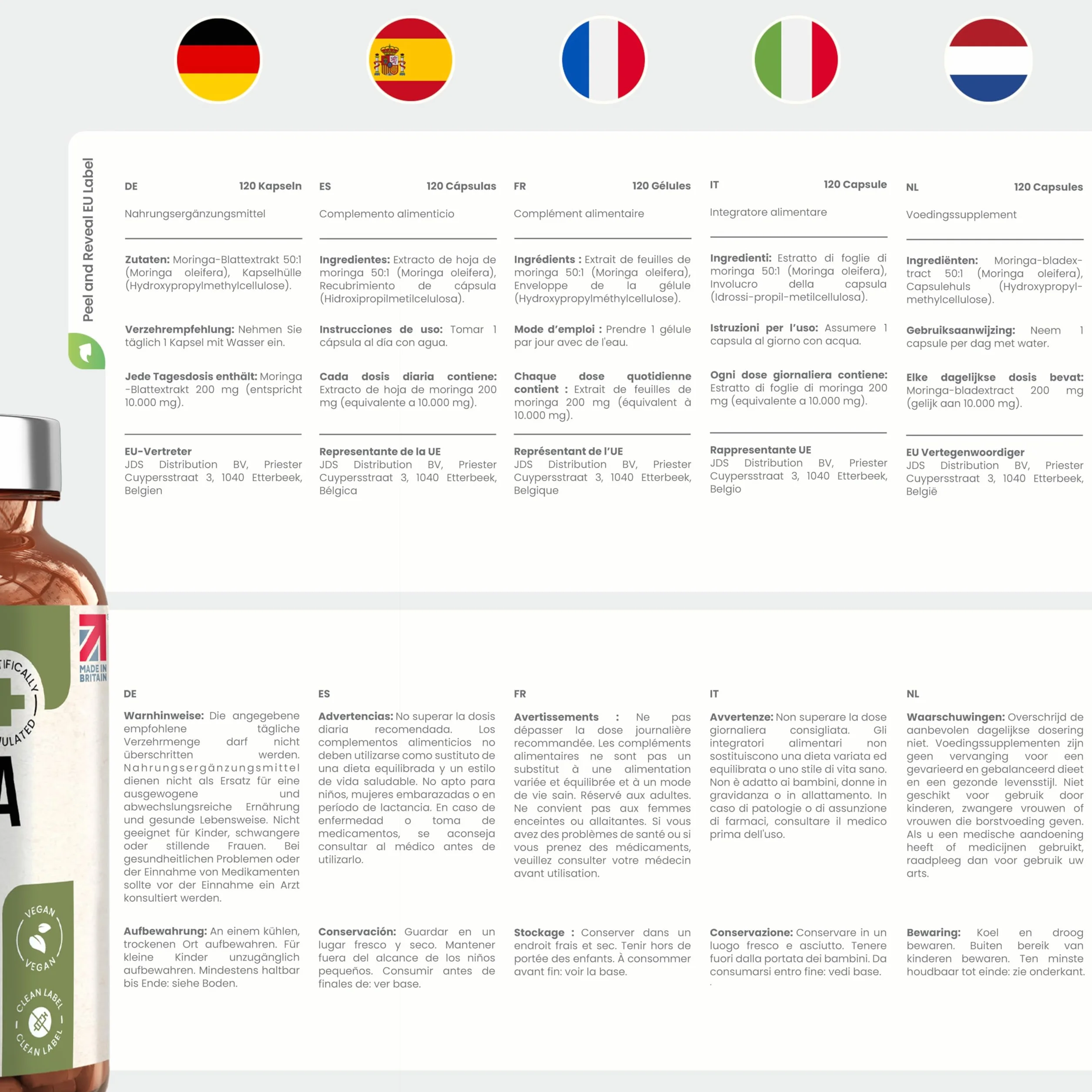Capsule di Moringa Pura 10.000 mg Alto Dosaggio 4 Mesi Senza Additivi Superalimento Vegano in Polvere Estratto Puro di Foglia di Moringa VitaBright