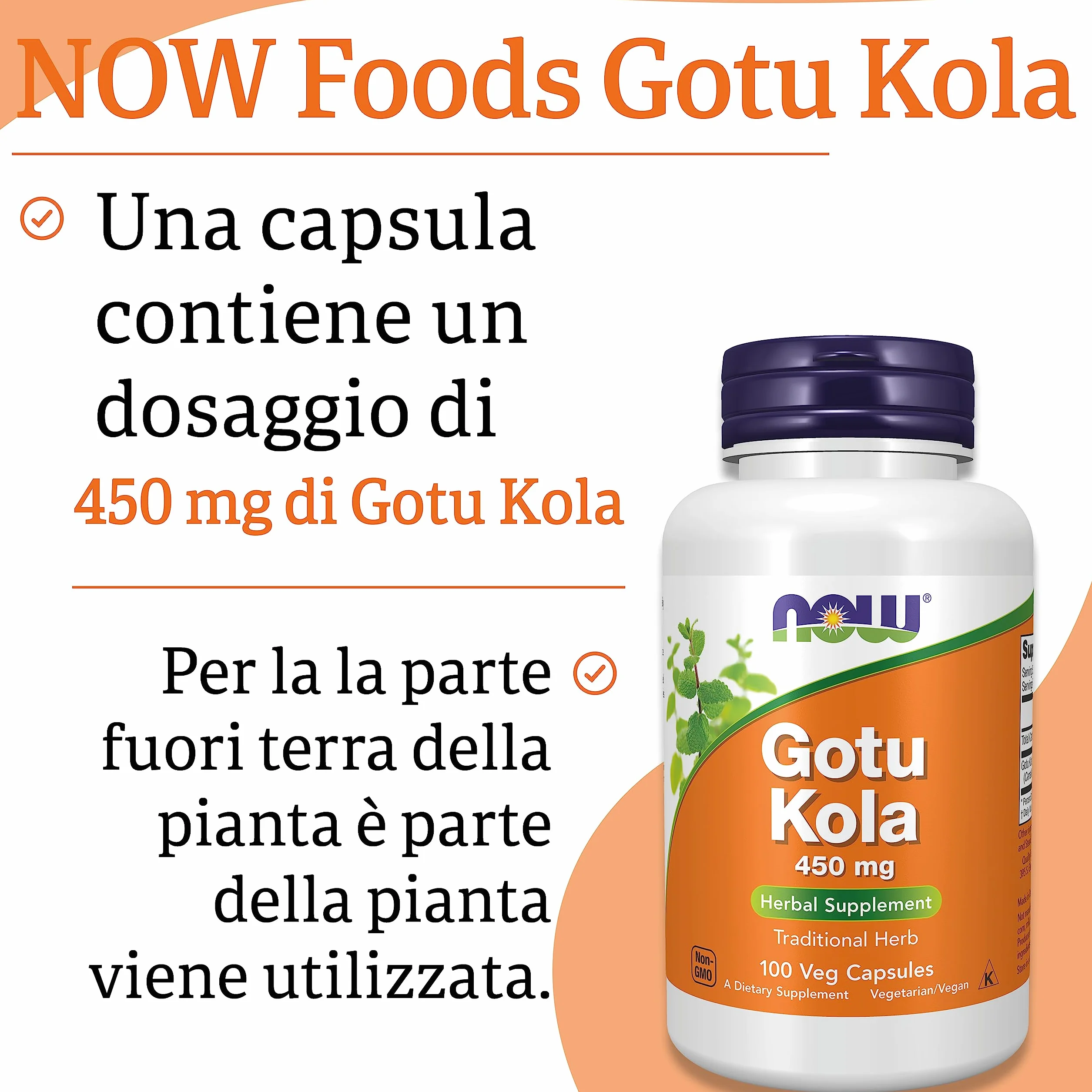 Now Foods Gotu Kola 450 mg 100 Capsule Vegane Senza Glutine Senza Soia