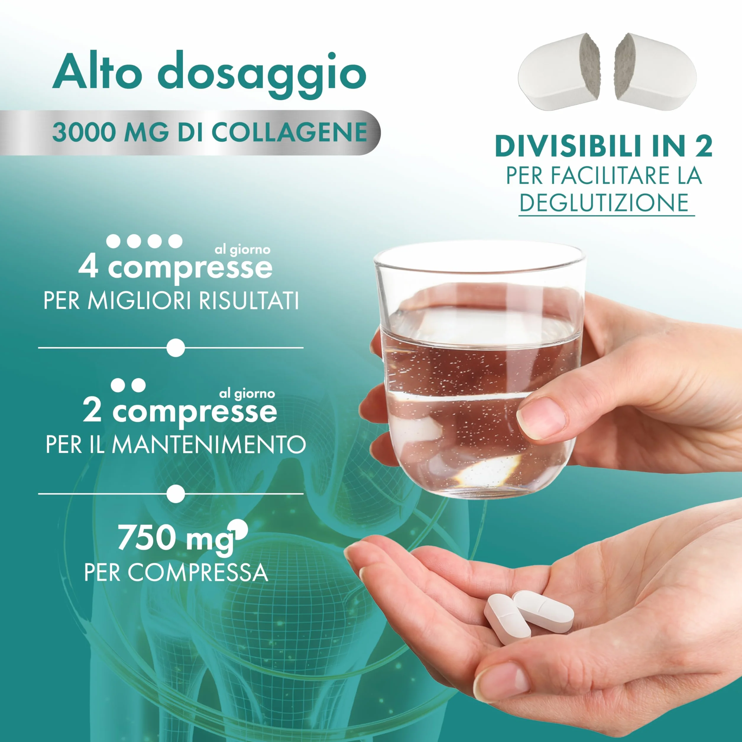 Collagene e Acido Ialuronico + Magnesio Bisglicinato 240 Compresse 3000 mg Integratore Articolazioni Ossa Pelle