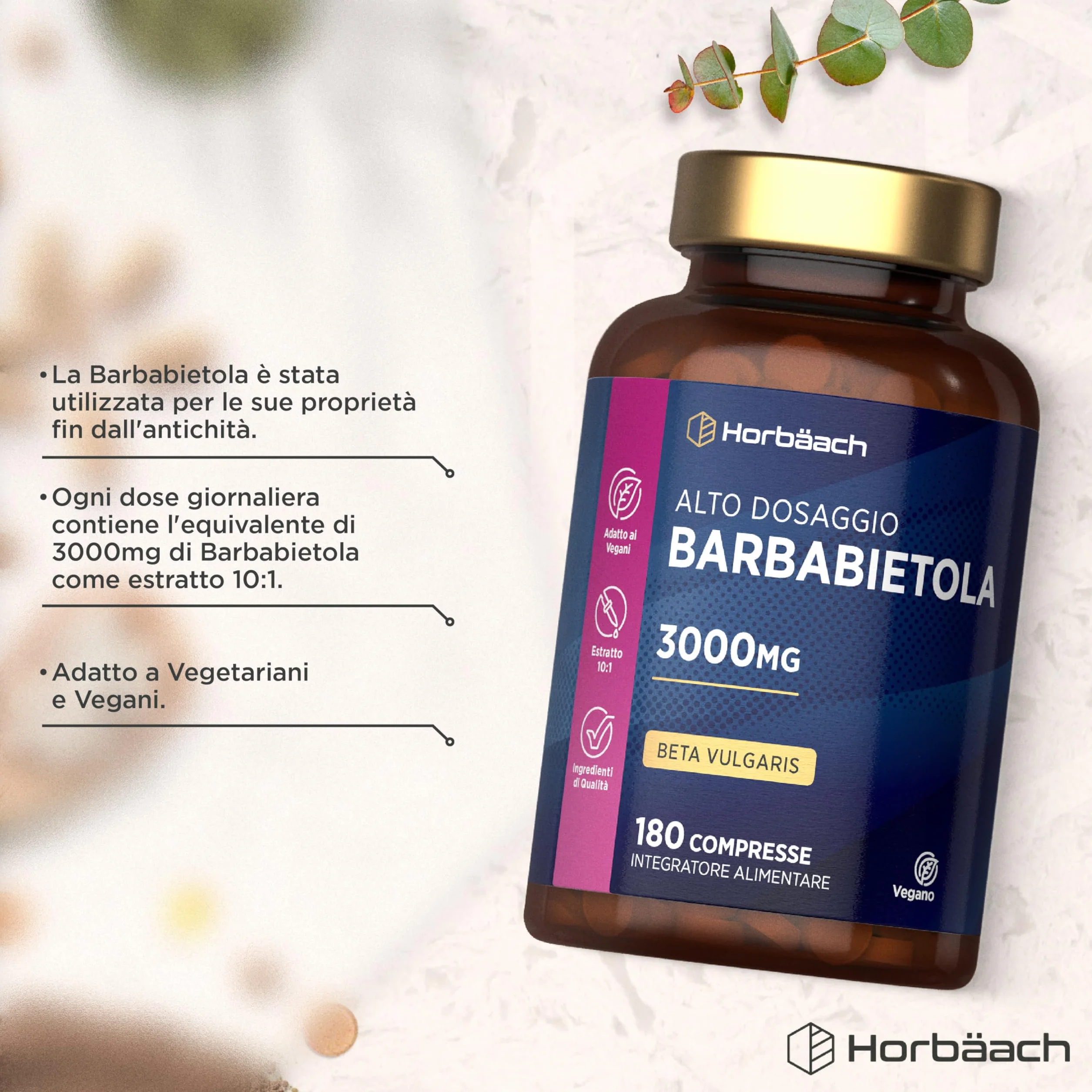 Horbaach Barbabietola Rossa Compresse 3000mg Beetroot Supplement 180 Compresse Vegane