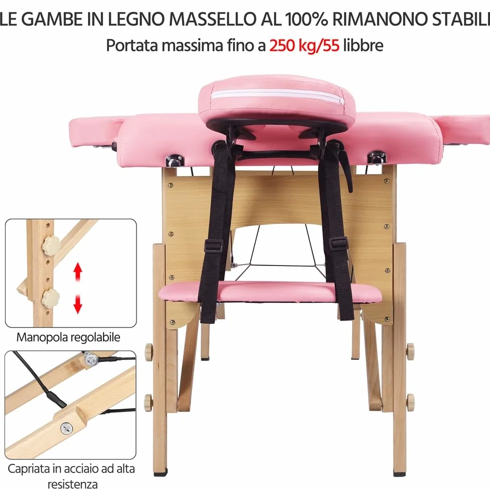 Yaheetech Lettino da Massaggio Portatile Pieghevole Legno Faggio 213 x 57 cm Altezza Regolabile Rosa