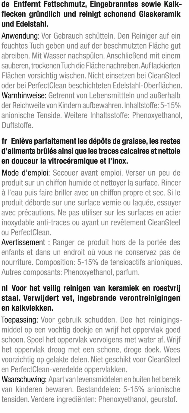 Miele 10173120 Detergente per Vetroceramica e Acciaio Inox, Prodotto per una Pulizia Delicata, Formula con Micro Cristalli per Rimuovere Grasso, Residui e Macchie d'Acqua, 250 ml