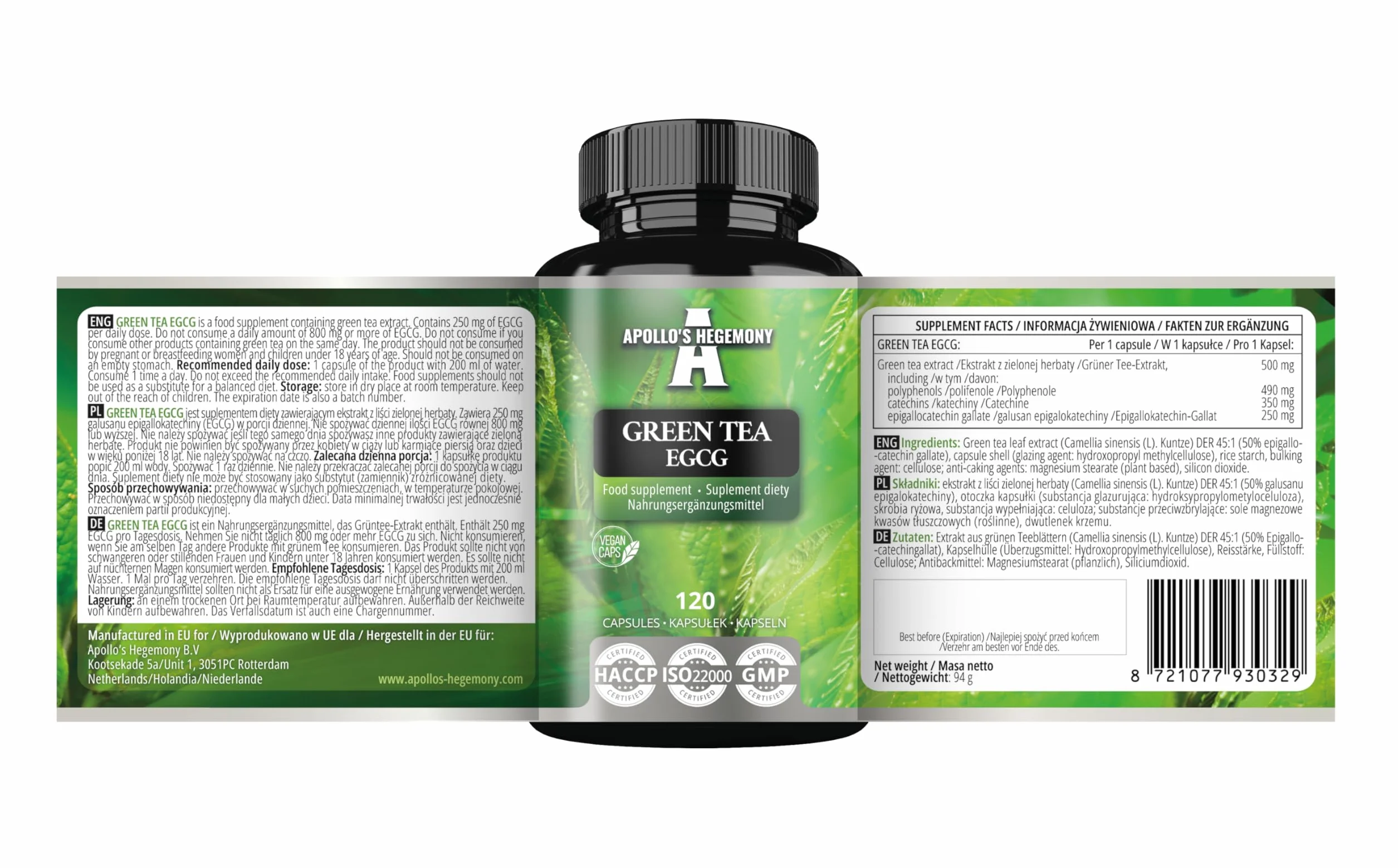 Estratto di tè verde 500 mg, contiene il 50% di EGCG e il 98% di polifenoli, 120 capsule vegane, 4 mesi di fornitura, bruciagrassi naturale, supporto antiossidante - da Apollo's Hegemony