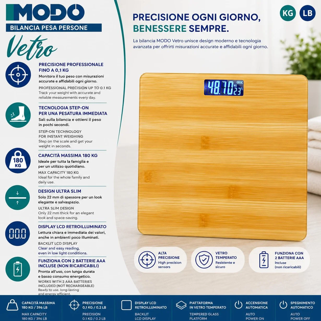 IPEA Bilancia Pesapersone Digitale Ultra Sottile color Legno - Tecnologia STEP ON - Massima Precisione Peso - Design Elegante in Vetro Temperato - Display Misurazione precisa 0,1 KG - Max 180Kg