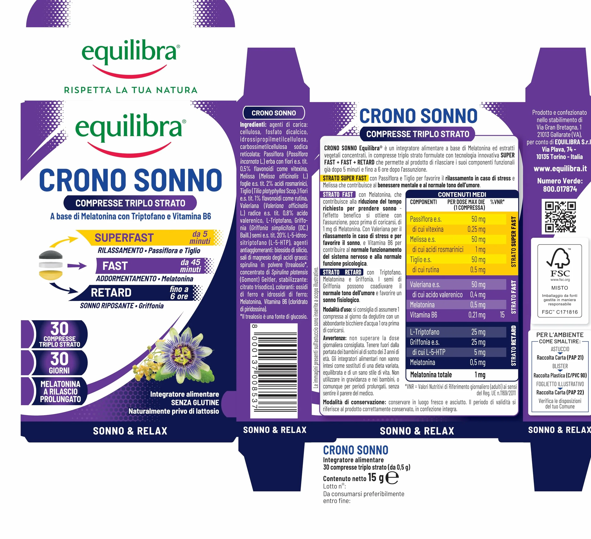 Equilibra Crono Sonno Melatonina Compresse Triplo Strato Rilascio Prolungato 6 ore Vegan Senza Glutine Lattosio