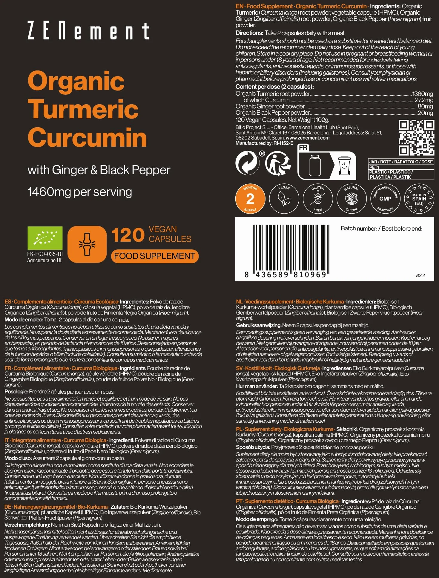 Curcuma Biologica 1460mg per Dose con Zenzero e Pepe Nero 120 Capsule Vegetali Zenement