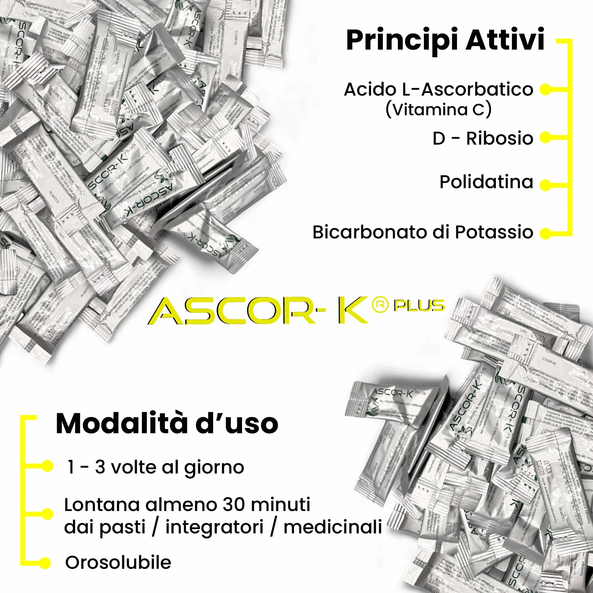 Ascorbato di Potassio con D-Ribosio – Ascorbato di Potassio Potenziato - Ascor-Kplus | Rafforza il Sistema Immunitario | Integratore Energia Naturale | Nuova Formulazione - 90 Stick Sublinguali