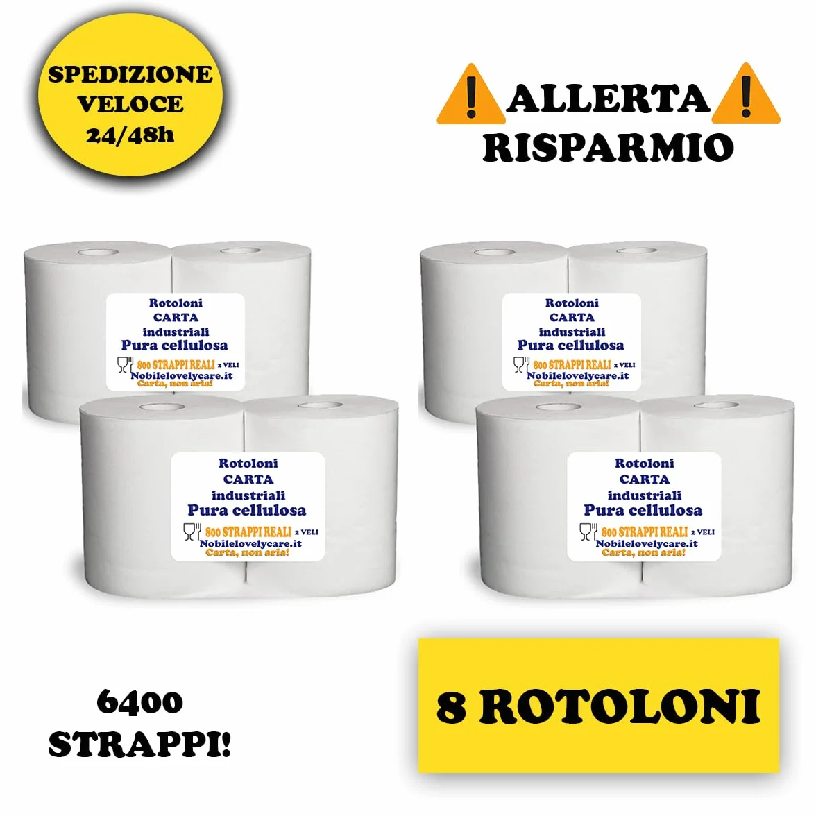 Carta asciugatutto industriale 2 VELI 6400 strappi pura cellulosa confezione da 8 rotoli