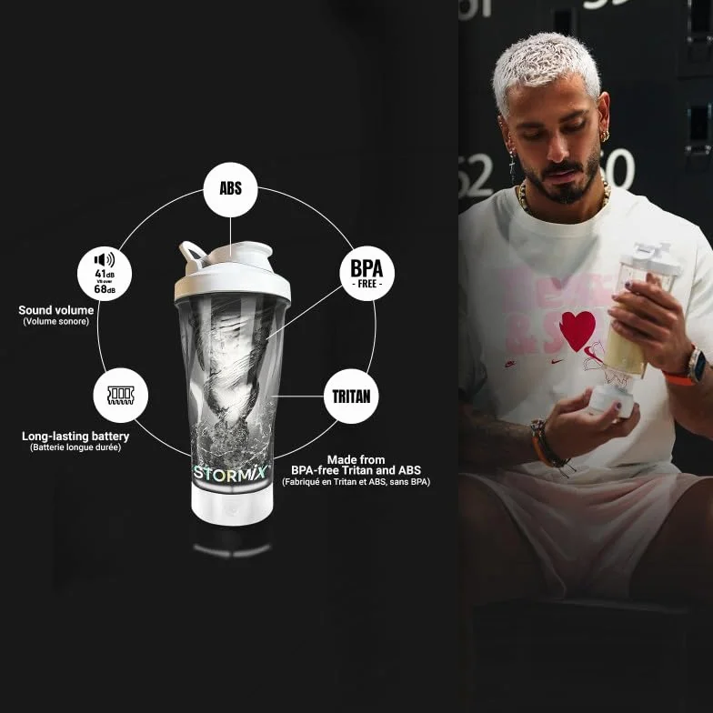Stormix - Shaker elettrico | Mixer di alta qualità | Preparazione omogenea per proteine, pre Workout | Capacità 700 ml | Tritan e ABS, senza BPA | Basso volume sonore | Ricaricabile USB