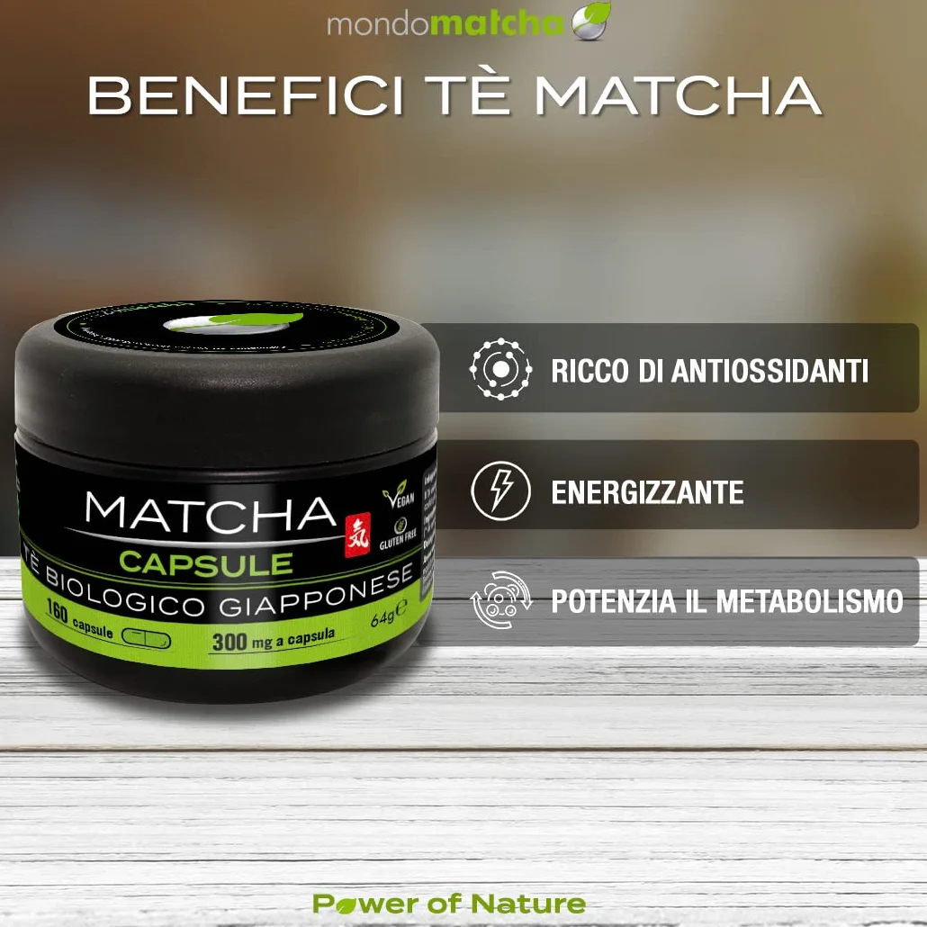 mondomatcha - Tè Verde Matcha Biologico Giapponese – 160 Capsule – Integratore 100% Vegano - Potente antiossidante - Puro e Naturale - Adatto a Vegani e Vegetariani - SENZA ADDITIVI