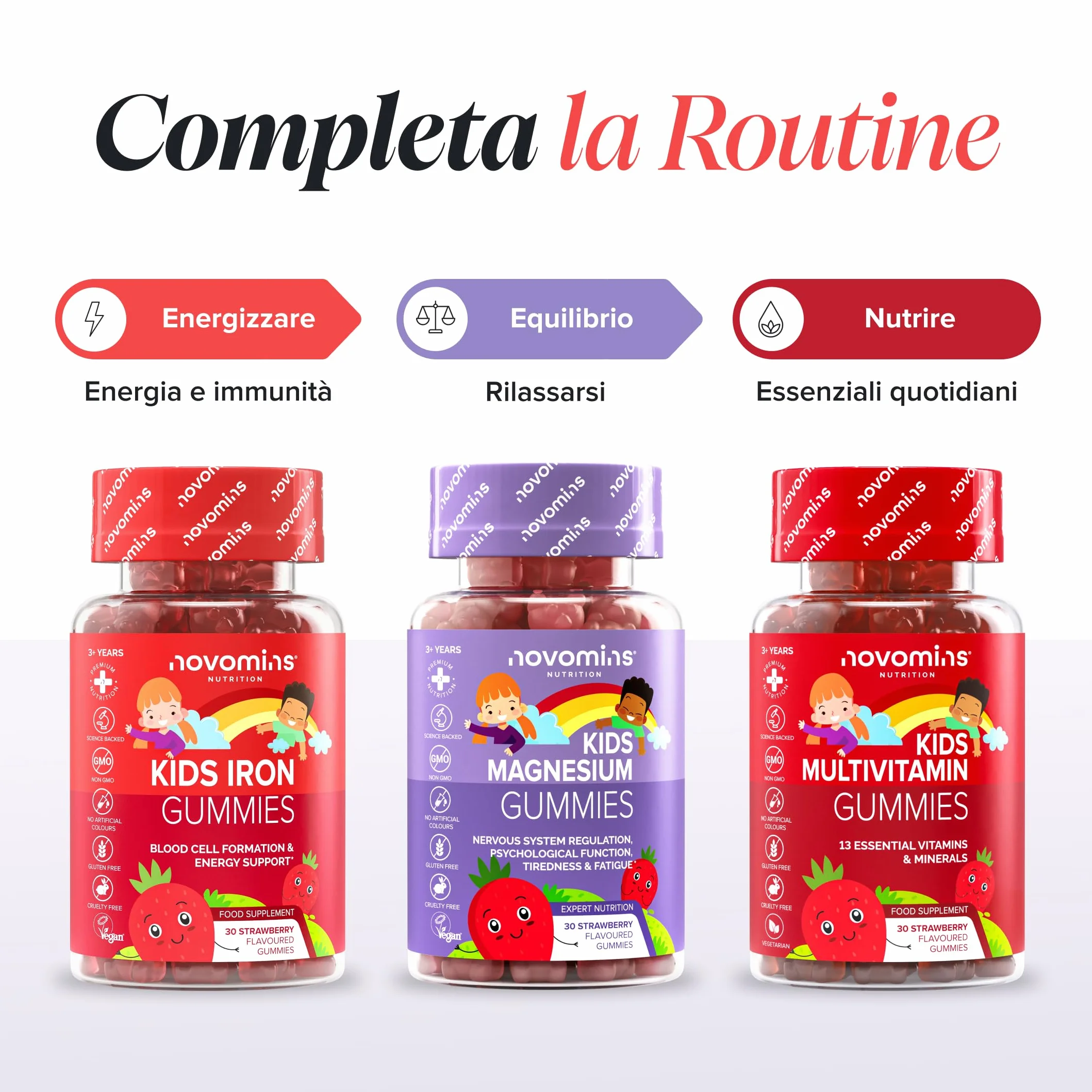 Ferro Bambini Gommose – Ferro + Vitamina C per l'Assorbimento – Energia, Globuli Rossi e Difese – Vegano, Senza Glutine – 30 Gommose Gusto Fragola – Novomins