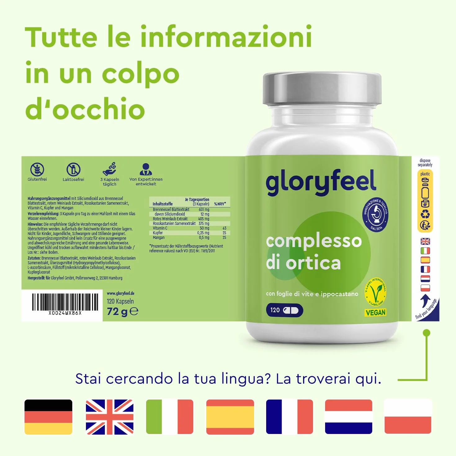 Ortica Capsule Alto Dosaggio 10:1 – Estratto di Foglie di Ortica con Ippocastano, Vite Rossa e Vitamina C – 120 Capsule Vegan – Rame e Manganese