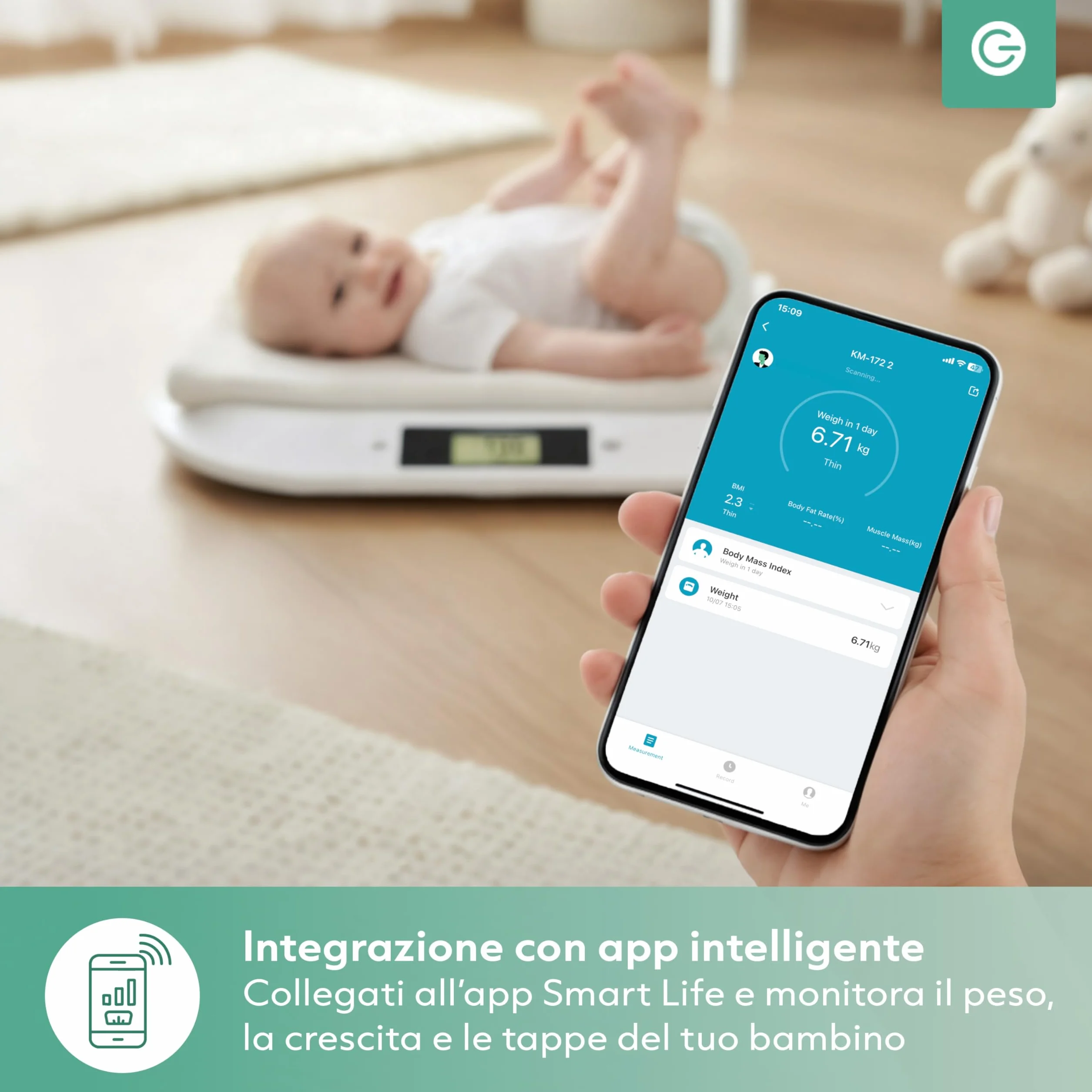 Silvergear Bilancia intelligente per neonati Bluetooth 20 kg app Smart Life 54,5 x 31,5 x 2,7 cm