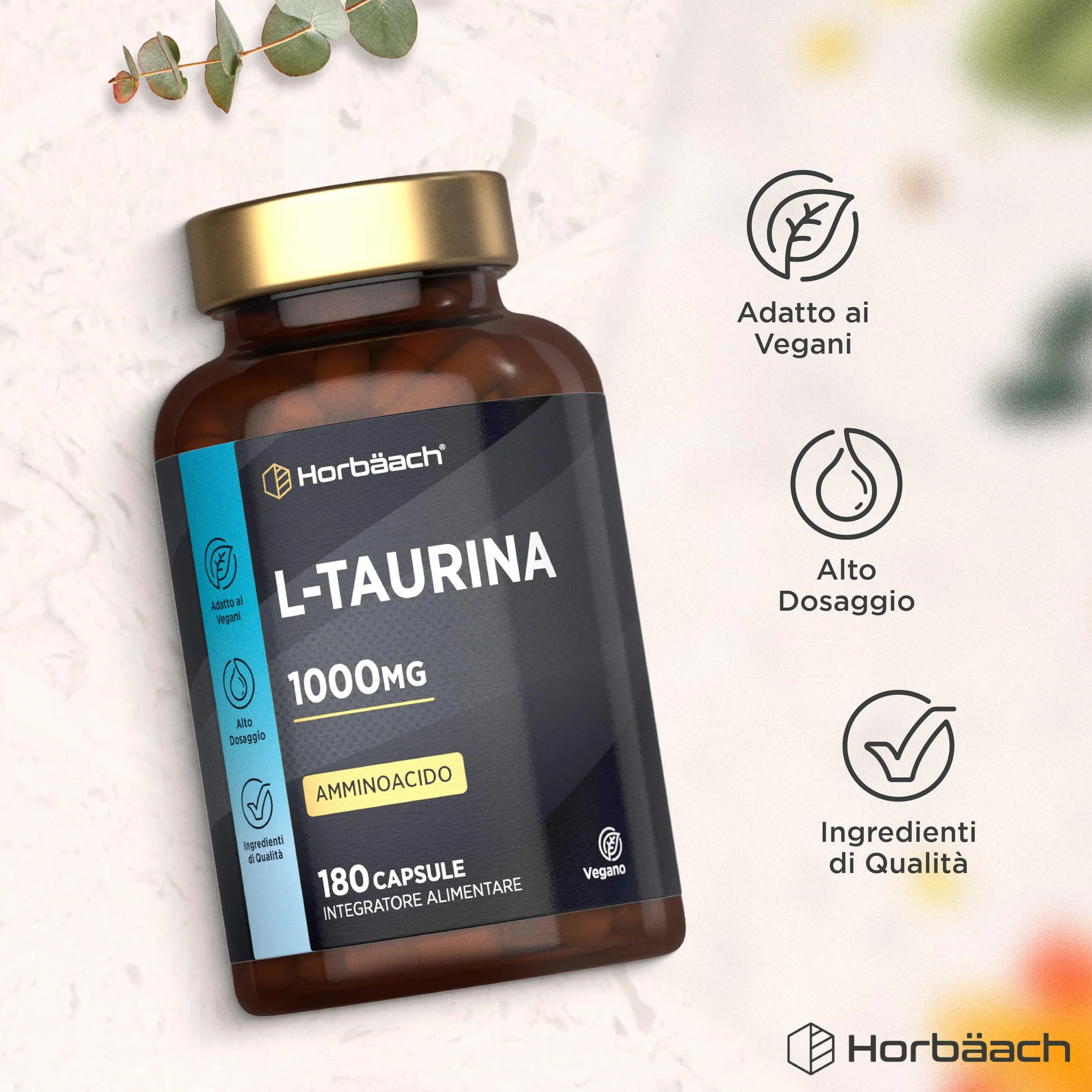 Horbaach Taurina 1000 mg 180 Capsule Vegane Aminoacidi Essenziali Pre Workout Post Workout