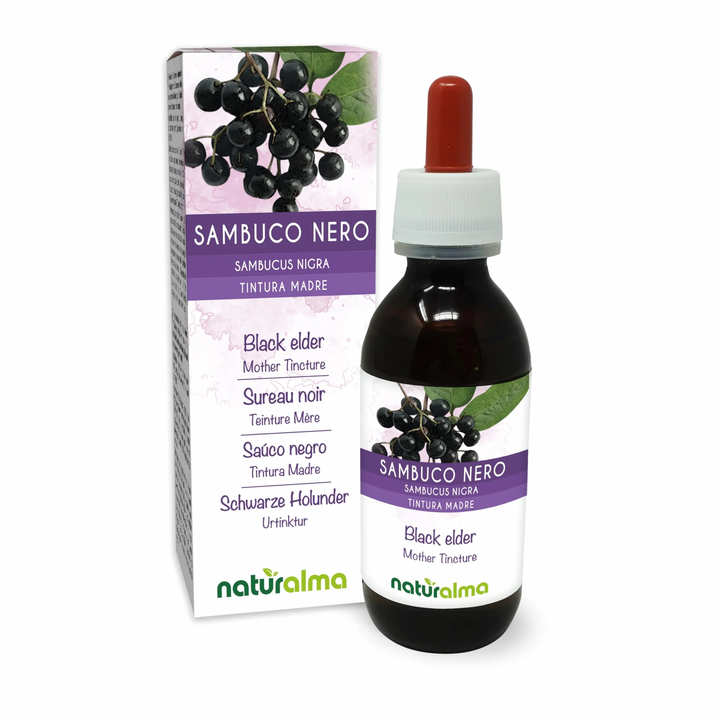 Sambuco nero (Sambucus nigra) fiori e frutti Tintura Madre analcoolica Naturalma - Estratto liquido gocce 120 ml - Integratore alimentare - Vegano