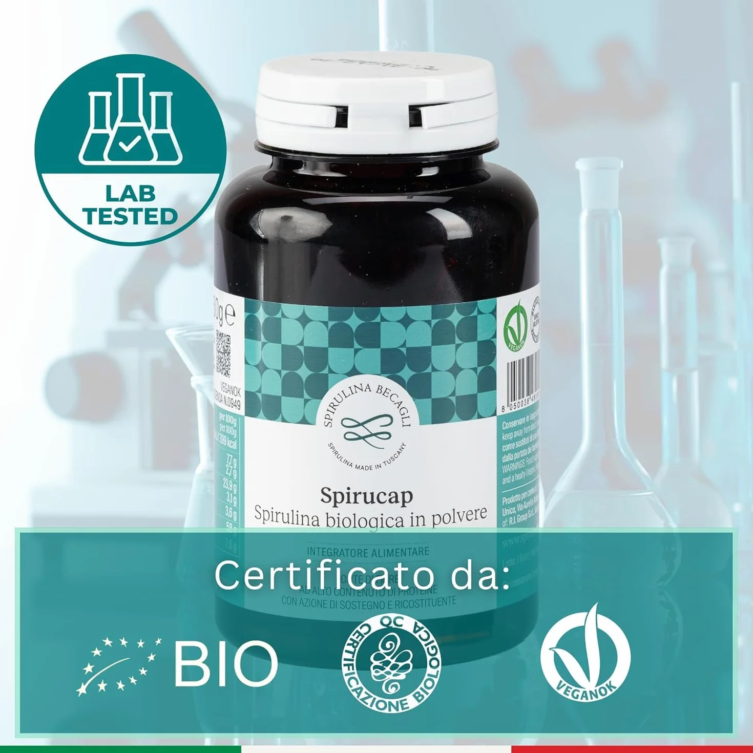 Spirulina Biologica Capsule Integratore Alimentare 100% Vegetale Coltivata in Toscana BECAGLI 180 Capsule