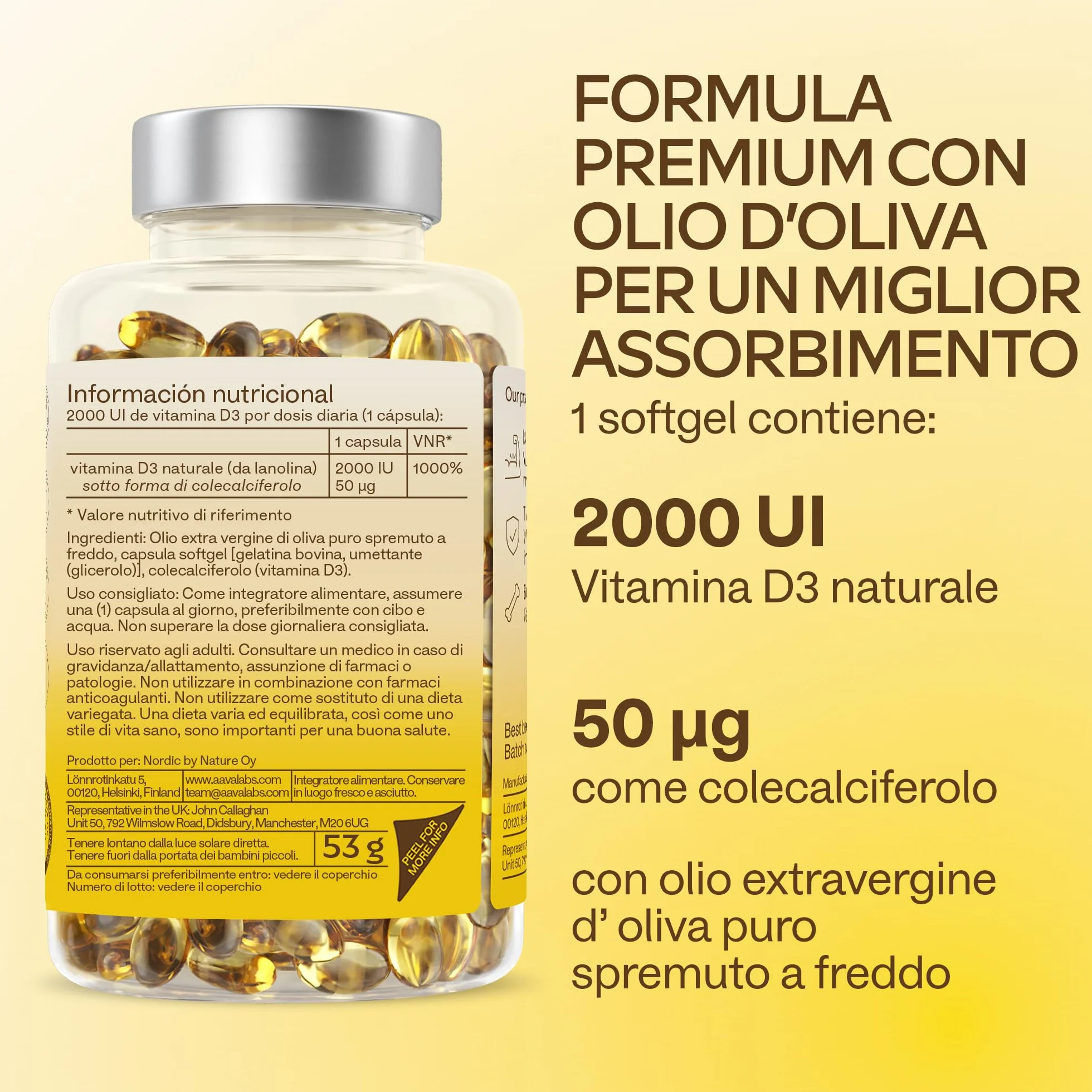 Vitamina D3 2000 UI [Fornitura di 1 Anno] - Integratore Vitamina D 2000 UI con Olio EVO per assorbimento ottimale - Non OGM - Contribuisce alla funzione ossea, muscolare e immunitaria - 365 Capsule