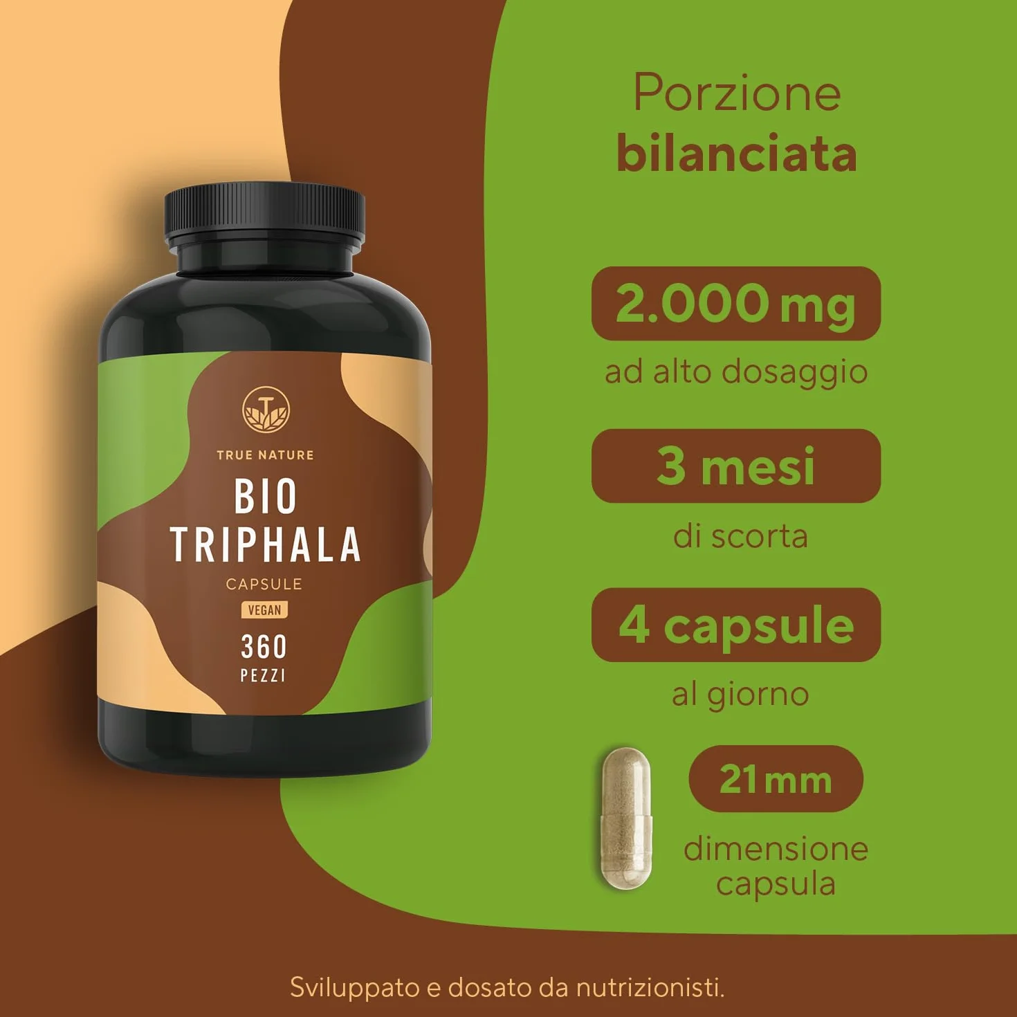Triphala Bio - 360 Capsule - 2000 mg Dose giornaliera (Alto dosaggio) - Triphala capsule di qualità premium dall'India India - Senza additivi, Testato in laboratorio, produzione tedesca - TRUE NATURE
