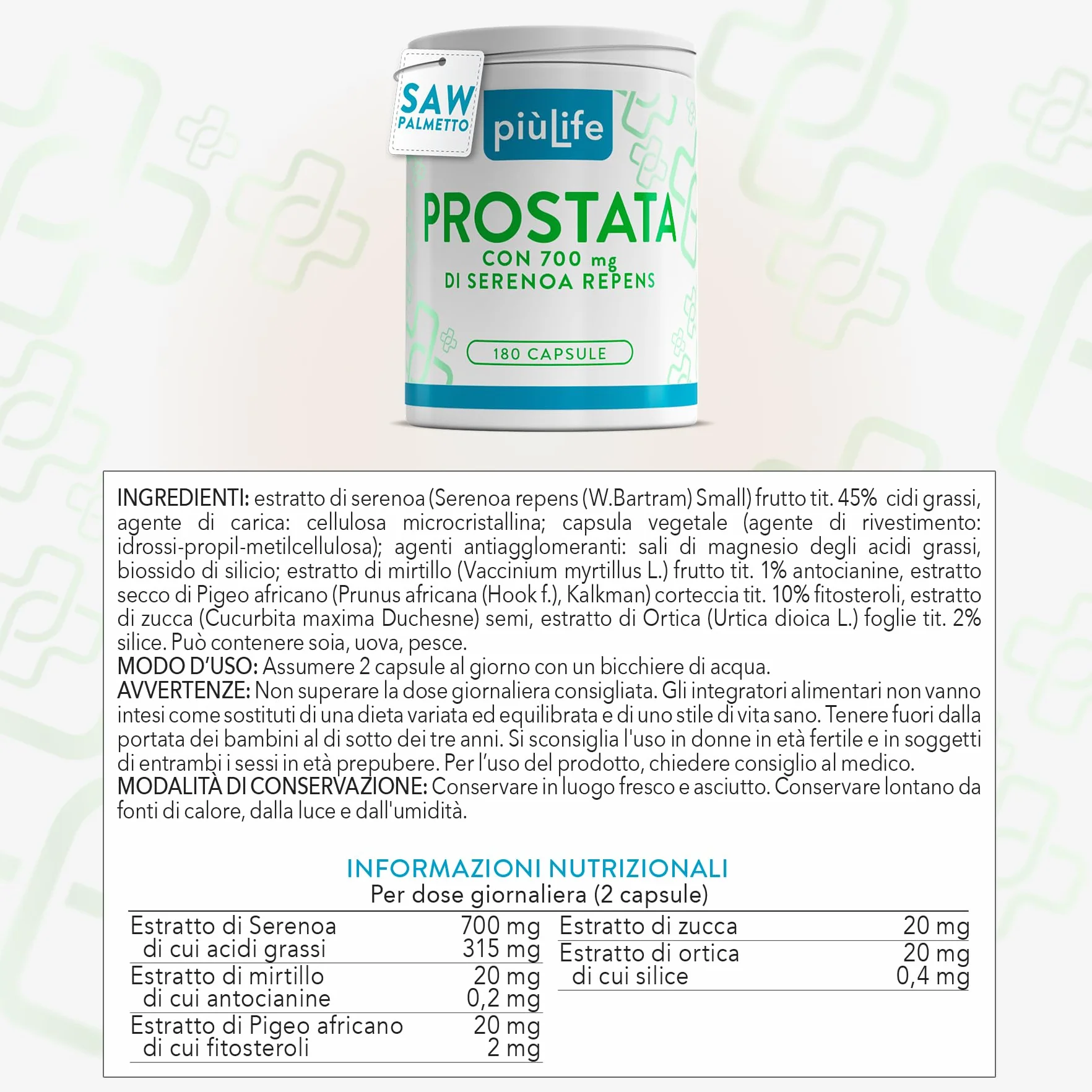 PiùLife Serenoa Repens 700mg Integratore Prostata Saw Palmetto Pygeum Africanum Zucca Ortica 180 Capsule