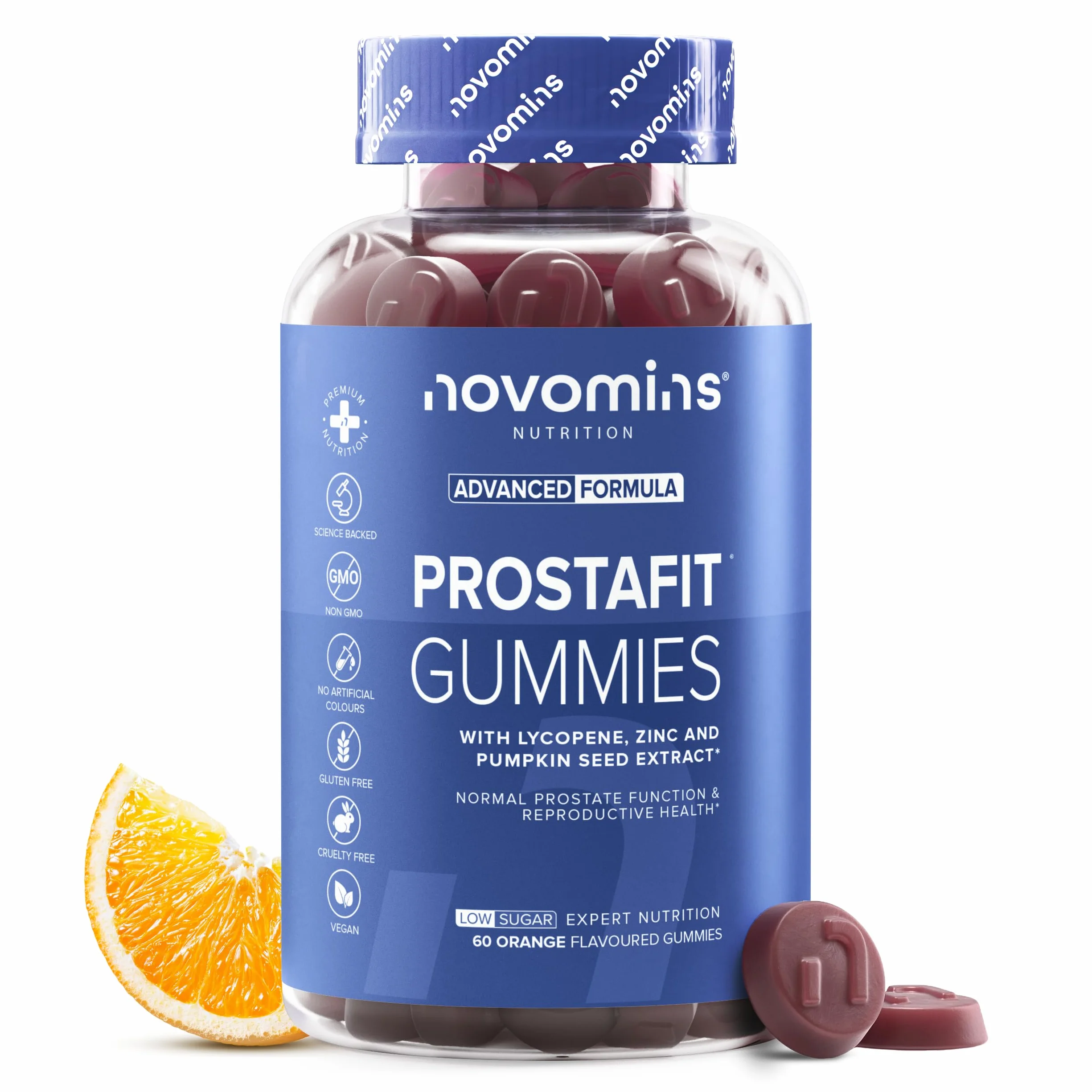 Prostafit Gommose Uomo Saw Palmetto Semi di Zucca Ortica Zinco Selenio Testosterone Fertilita Spermatogenesi 60 Gommose Gusto Arancia Novomins