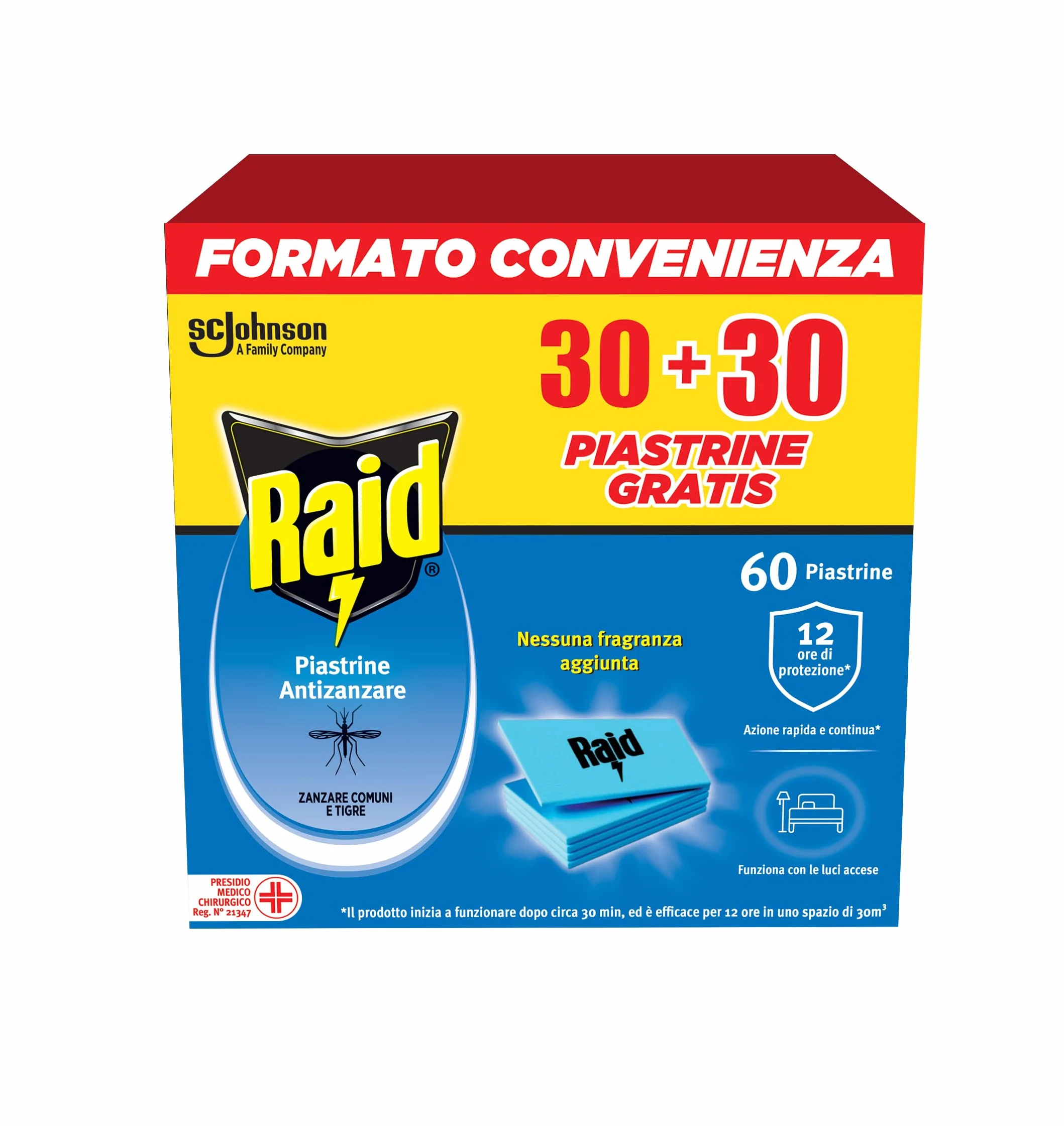 Raid Piastrine Antizanzare, 60 Piastrine Inodore per Zanzare Comuni e Tigre, Fino a 12 Ore di Protezione, Compatibili con Diffusori Raid
