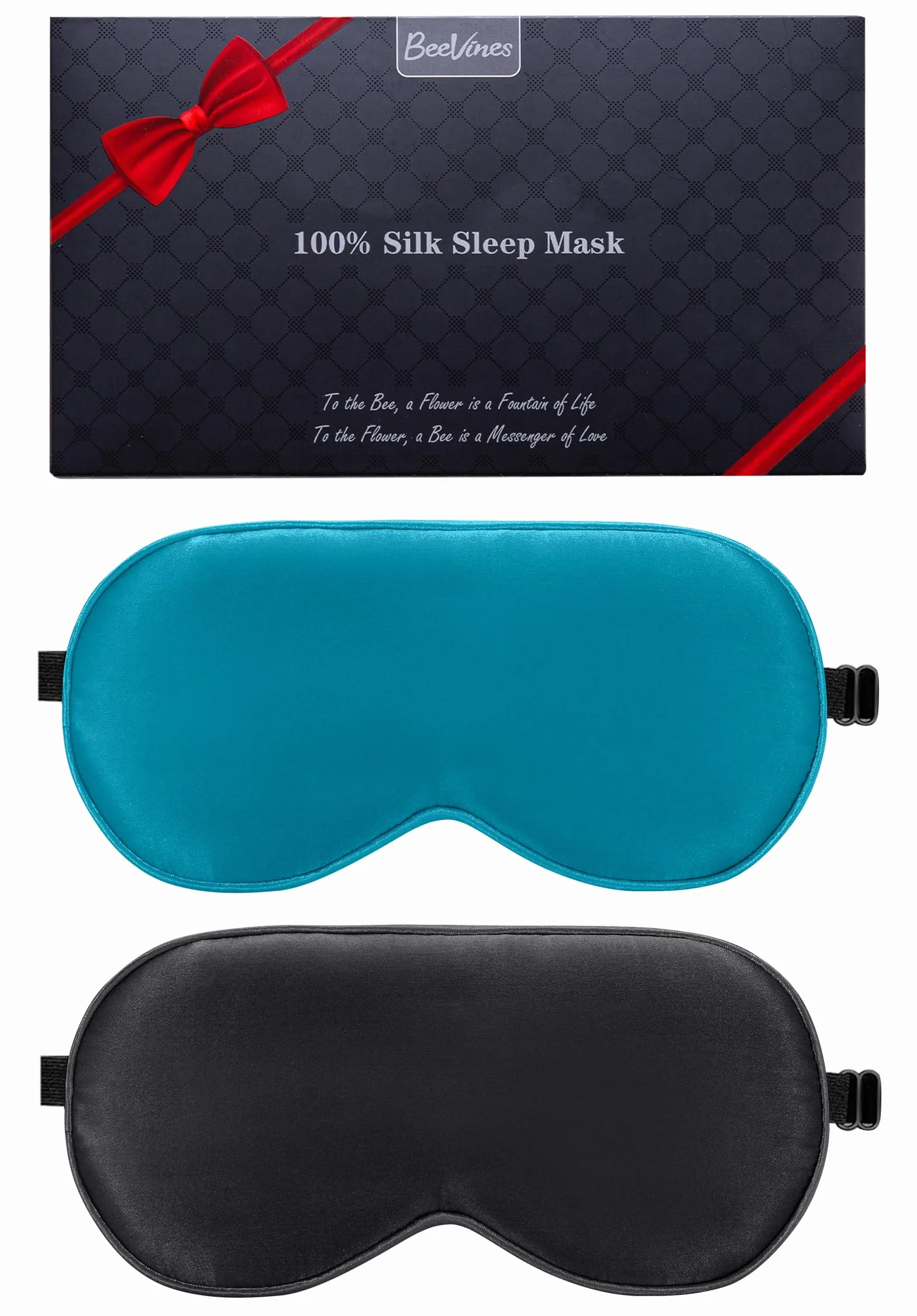 Maschera per dormire in seta naturale 100% con cinturino regolabile, confezione da 2, BeeVines (blu pavone)
