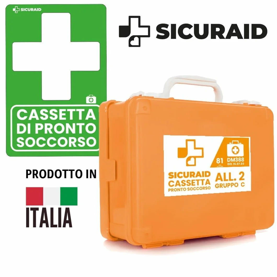 SICURAID Cassetta Pronto Soccorso Aziendale DM 388/2003 CE MDR Kit Medico Certificato Arancio Gruppo C 2 Dipendenti