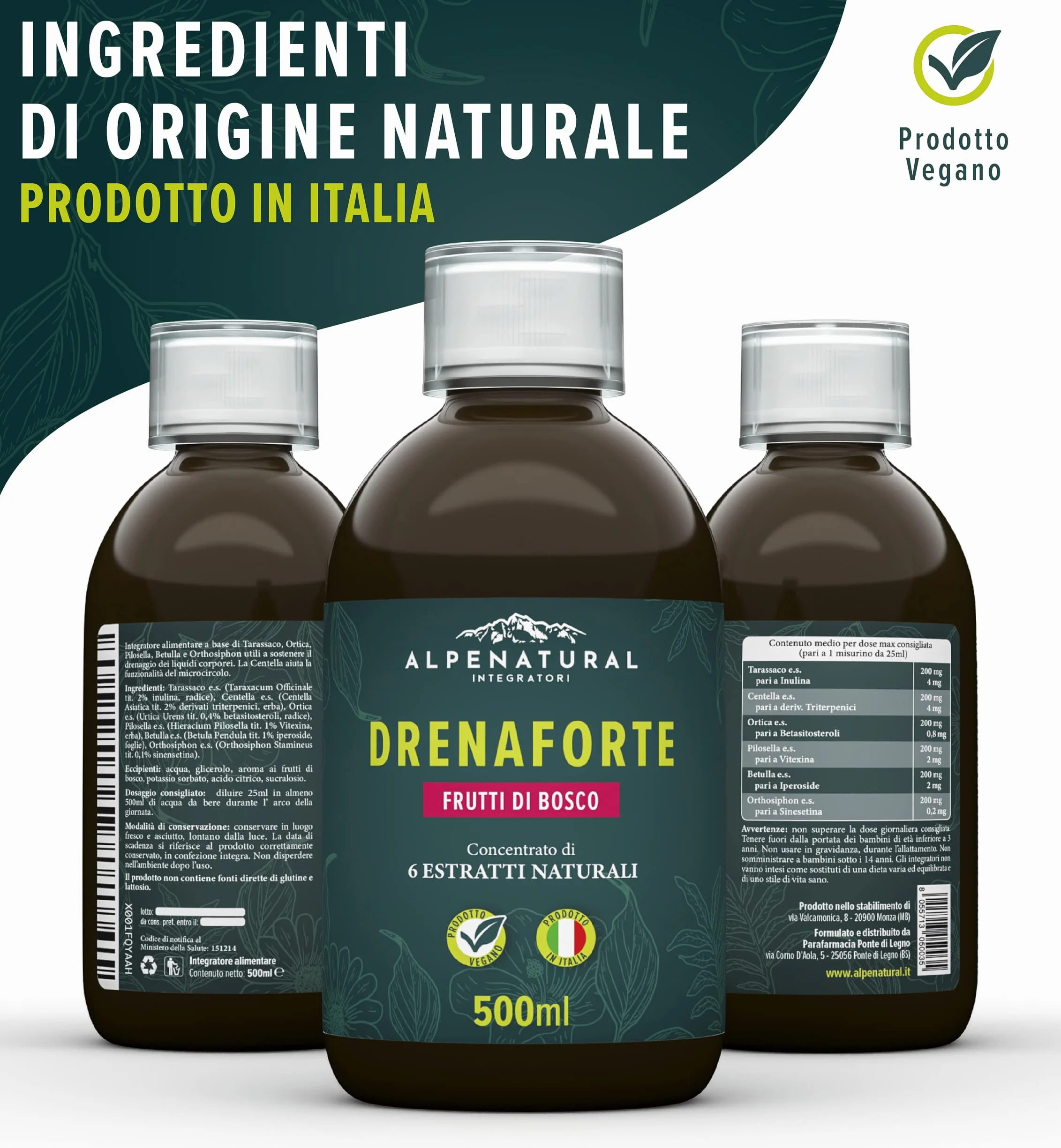 Drenaforte Drenante Forte Concentrato di 6 Estratti Naturali Detox Depurativo Naturale Ritenzione Idrica Frutti di Bosco Vegano 500 ml