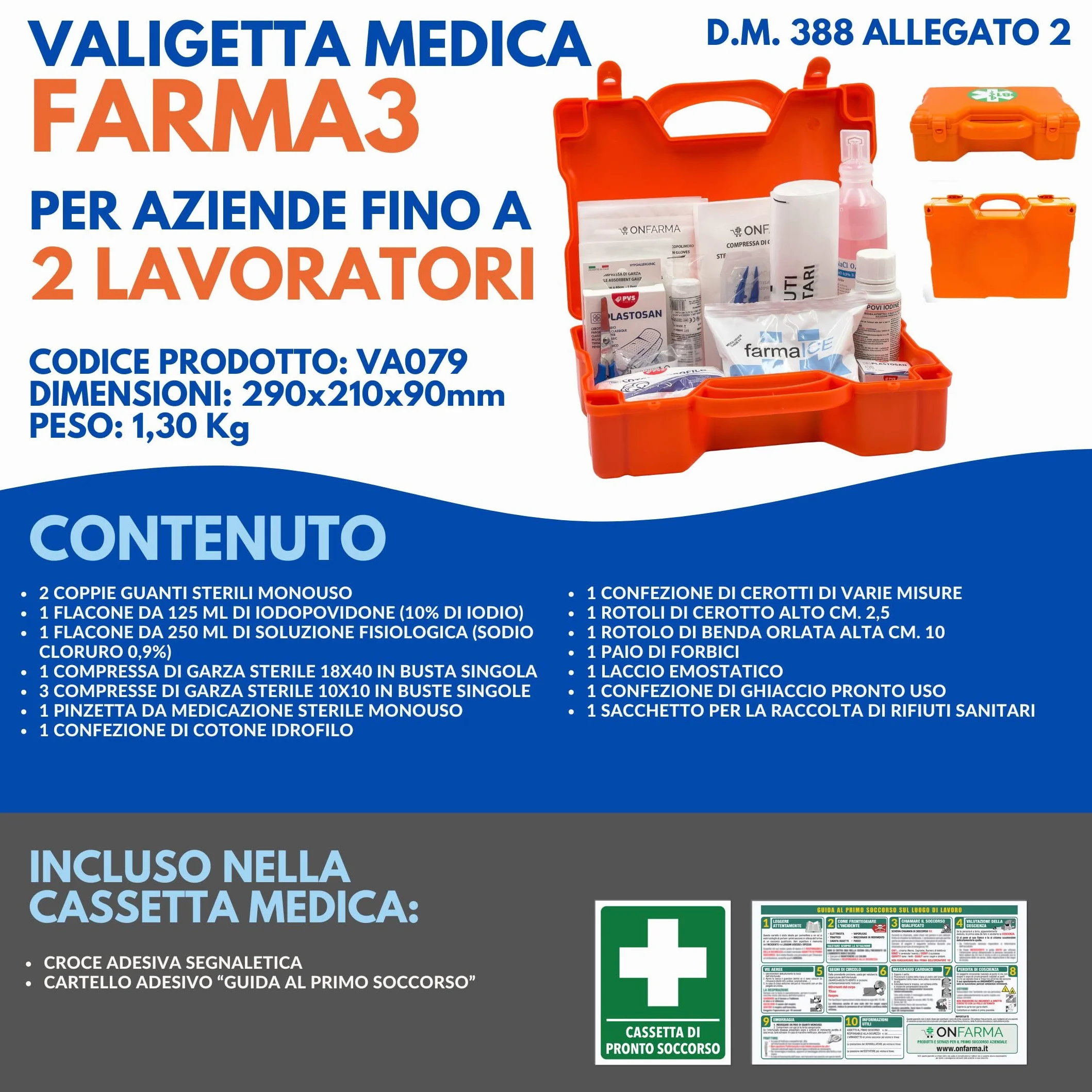 ONFARMA FARMA3 Cassetta pronto soccorso completa DM 388 allegato 2 per aziende fino a 2 lavoratori