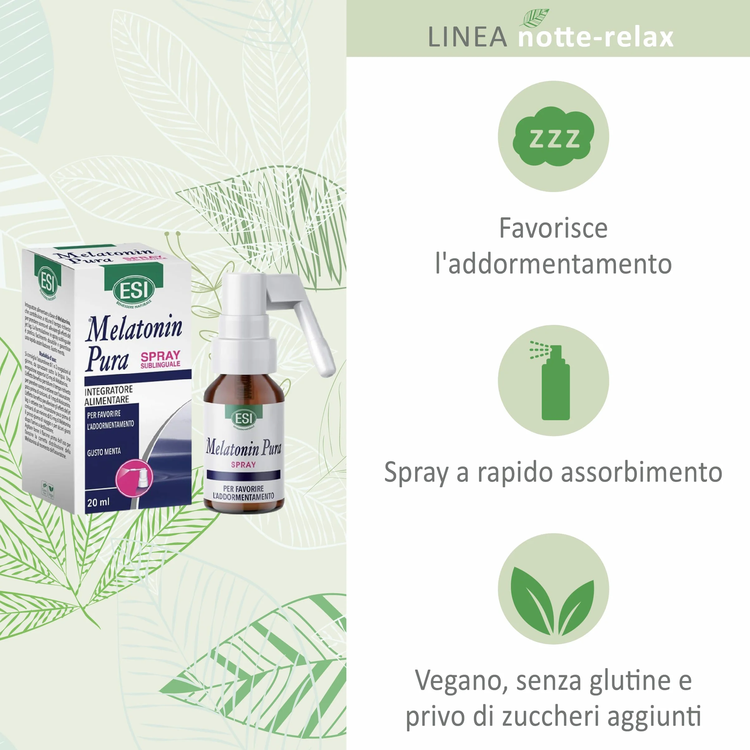 ESI Melatonin Pura Integratore Alimentare Melatonina Spray 20 ml Senza Glutine Vegan