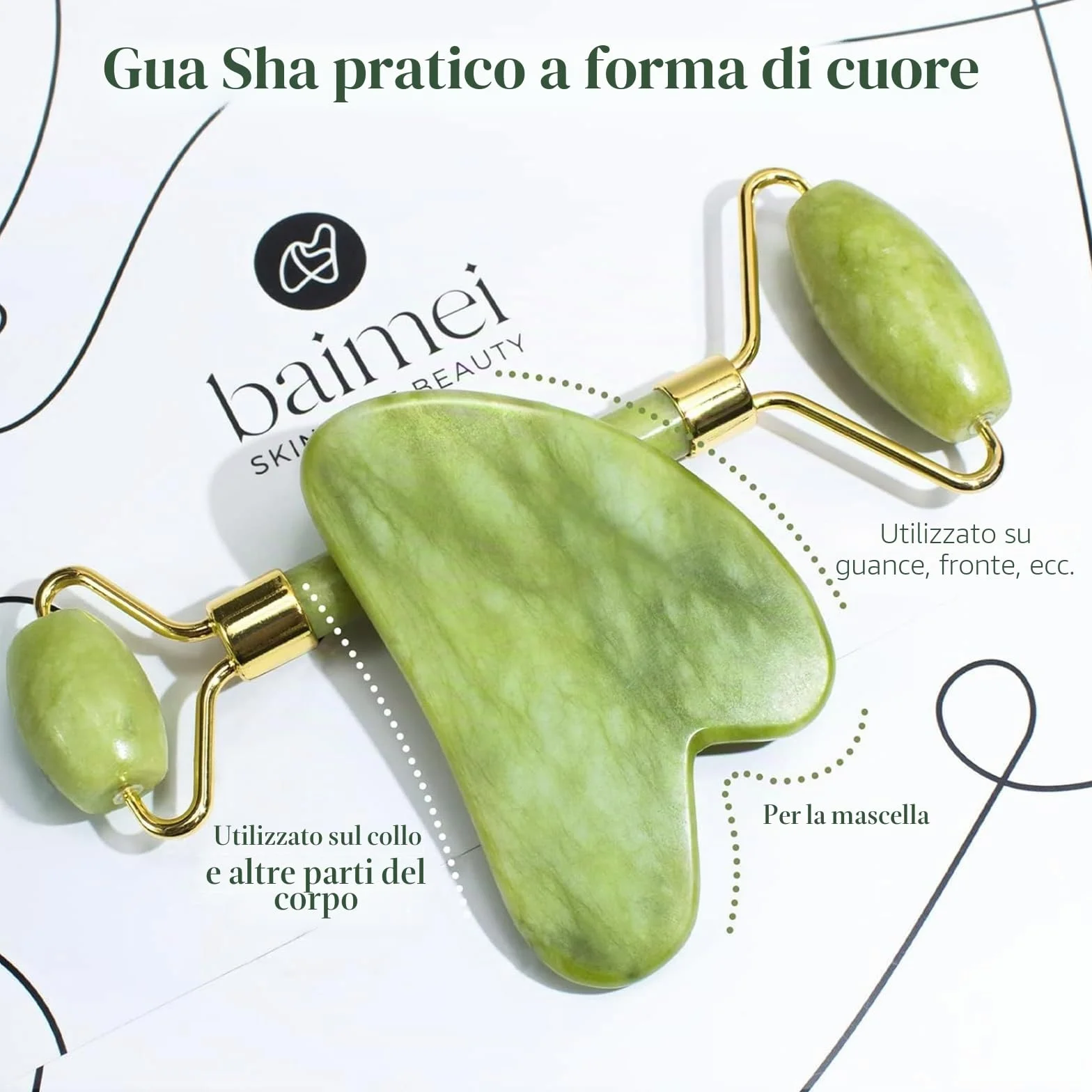 BAIMEI Gua Sha e Rullo di Giada per il Viso, Massaggiatore Lifting Viso e Guasha per il Corpo