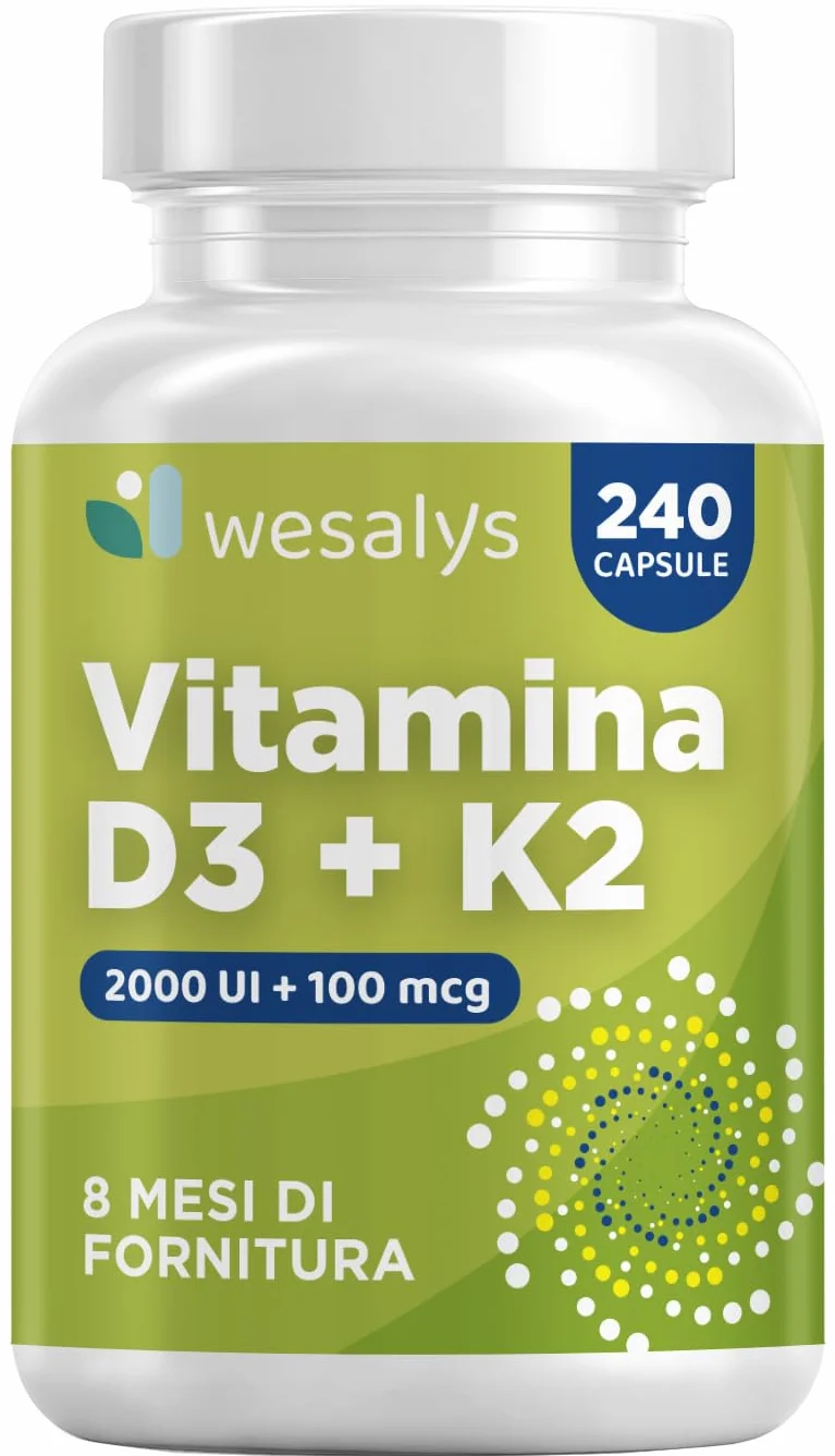 Vitamina D3 K2 240 Capsule (8 Mesi), Vitamin D3 2000 UI + 100 µg Vitamina K Menachinone. La Vitamina K Contribuisce al Mantenimento di Ossa Normali (EFSA). Vit Wesalys