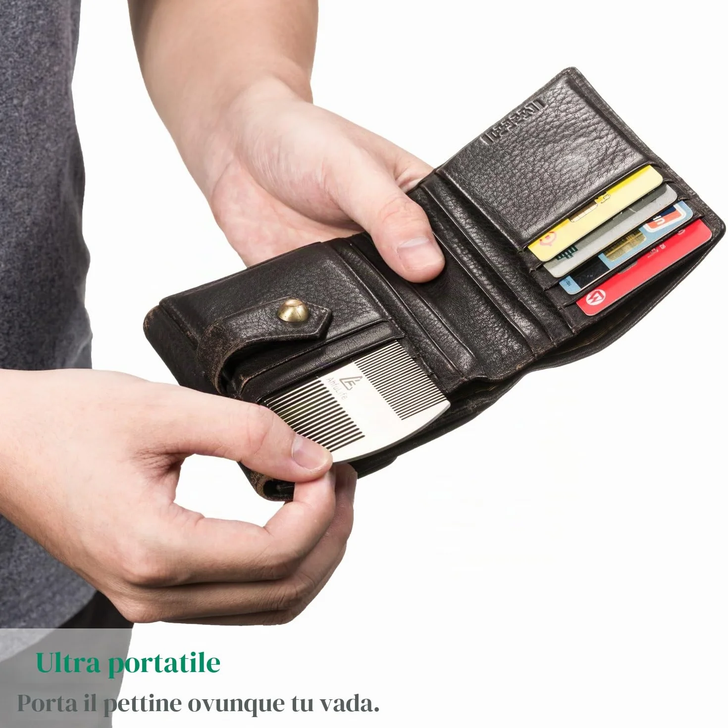 Pettine in Acciaio Inossidabile Argentato Antistatico Doppia Azione Formato Carta di Credito per Barba e Capelli