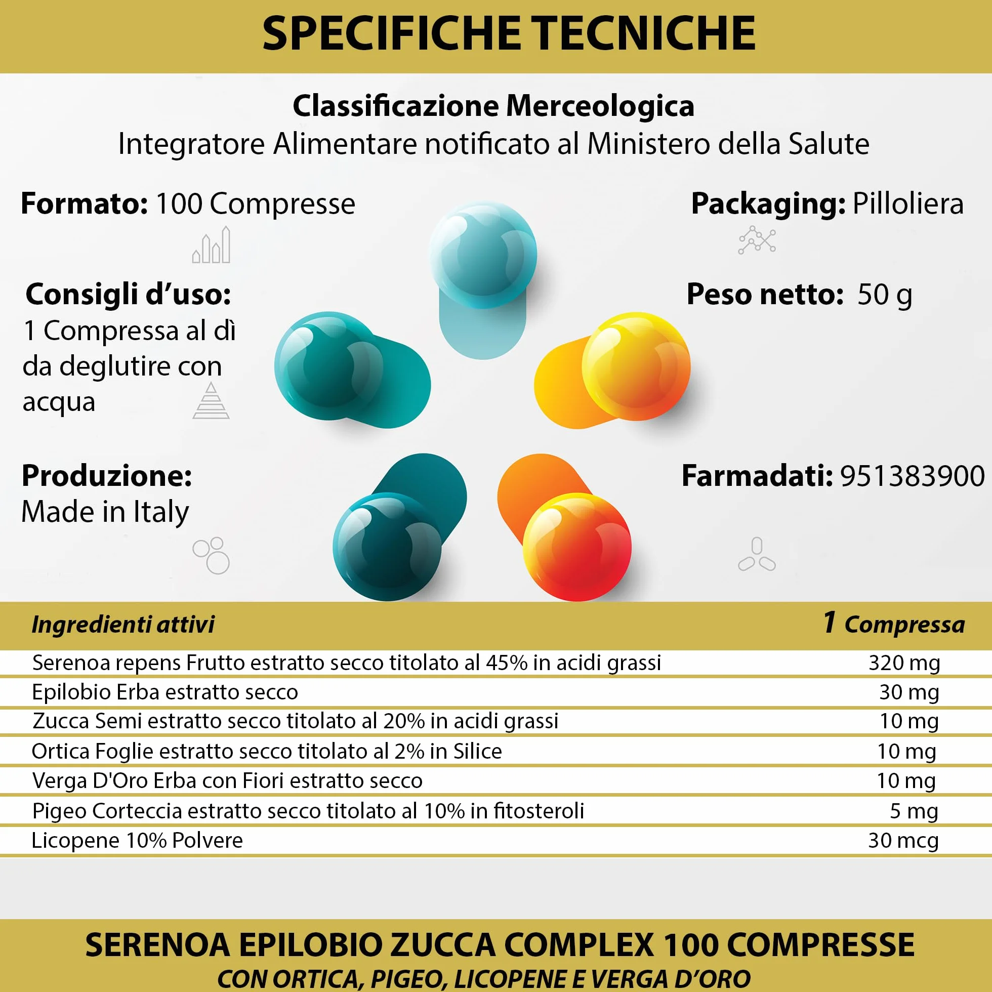 Serenoa Epilobio Zucca Complex con Ortica Pygeum Africanum Licopene e Verga D'Oro 100 Compresse Integratore Prostata Vie Urinarie