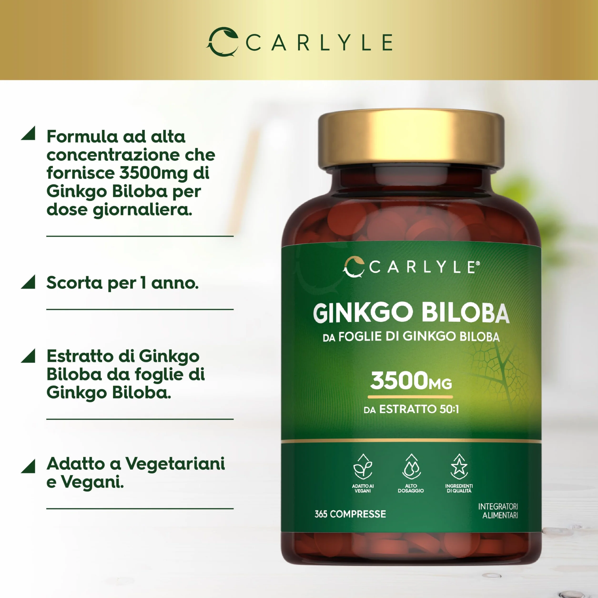 Ginkgo Biloba 3500mg | 365 Compresse | Capsule di estratto di Ginkgo | Fornitura per 1 anno | Alto Dossagio | Carlyle