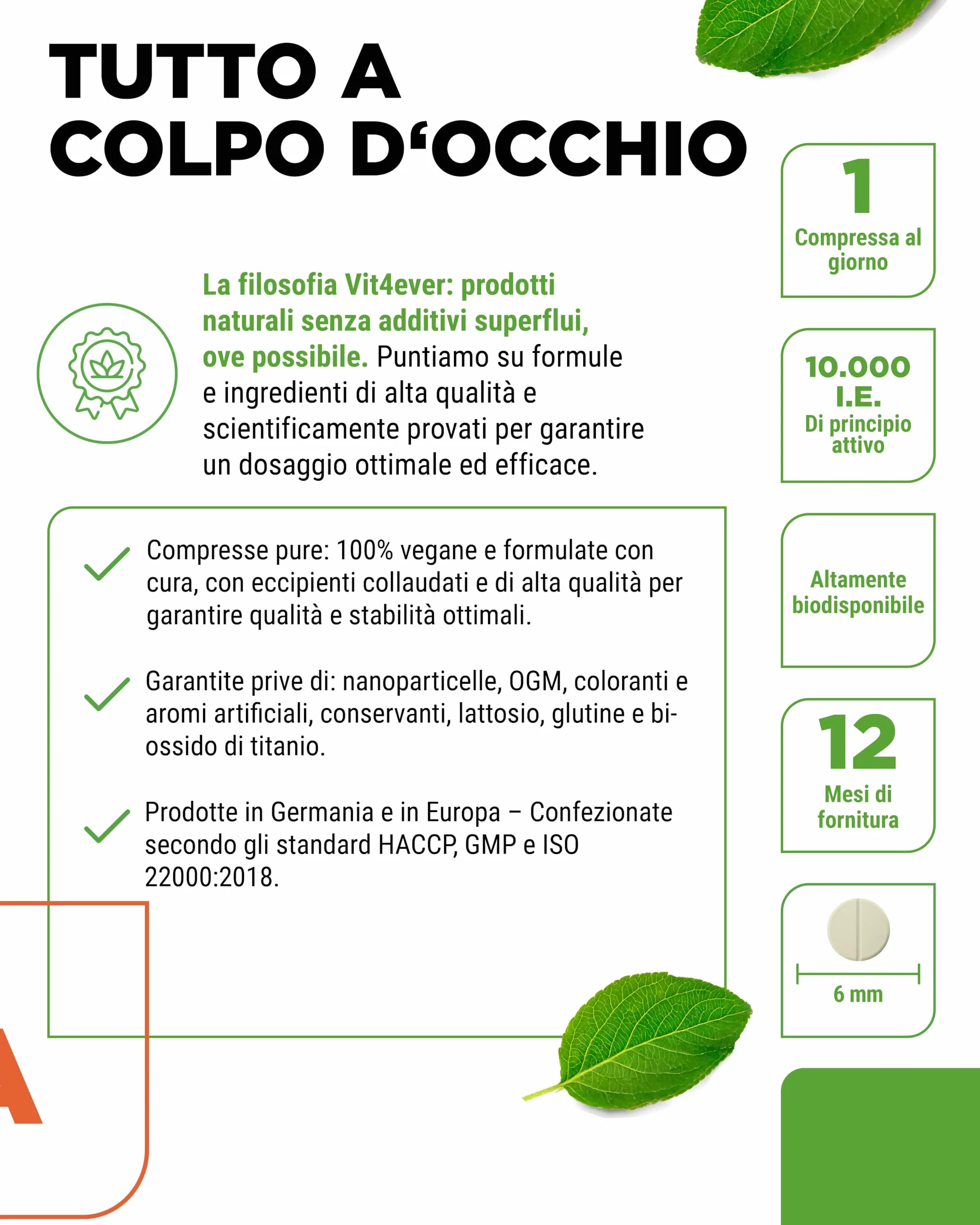 vit4ever Vitamina A - 10.000 U.I. (3000 µg) - 365 compresse - Alternativa alle capsule - Acetato di retinile ad alto dosaggio - Senza additivi inutili - Occhi, pelle, sistema immunitario - Vegan