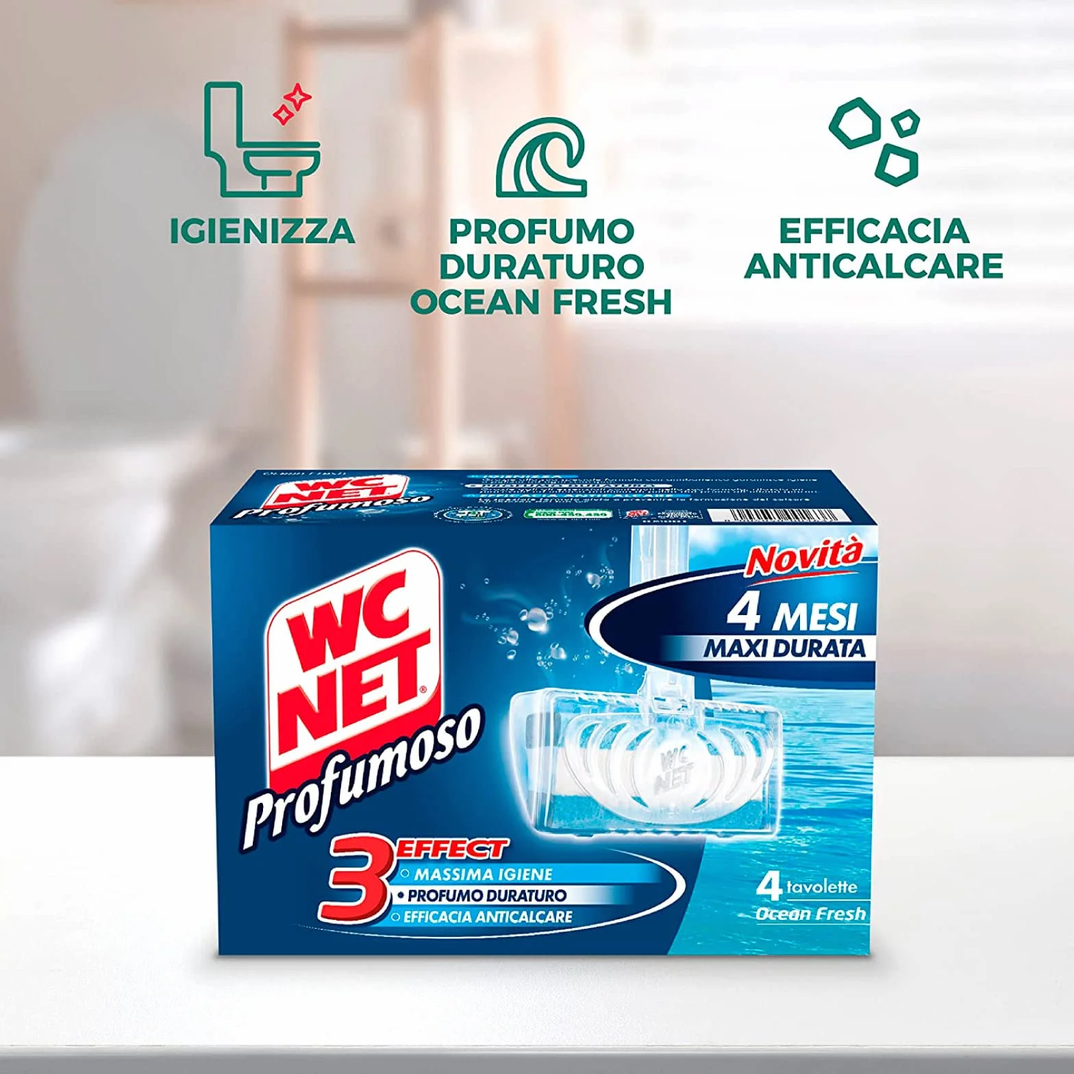 Wc Net - Tavoletta Profumoso 3 Effect, Detergente Igienizzante Solido per WC, Fragranza Ocean Fresh, 4 Pezzi x 4 Confezioni