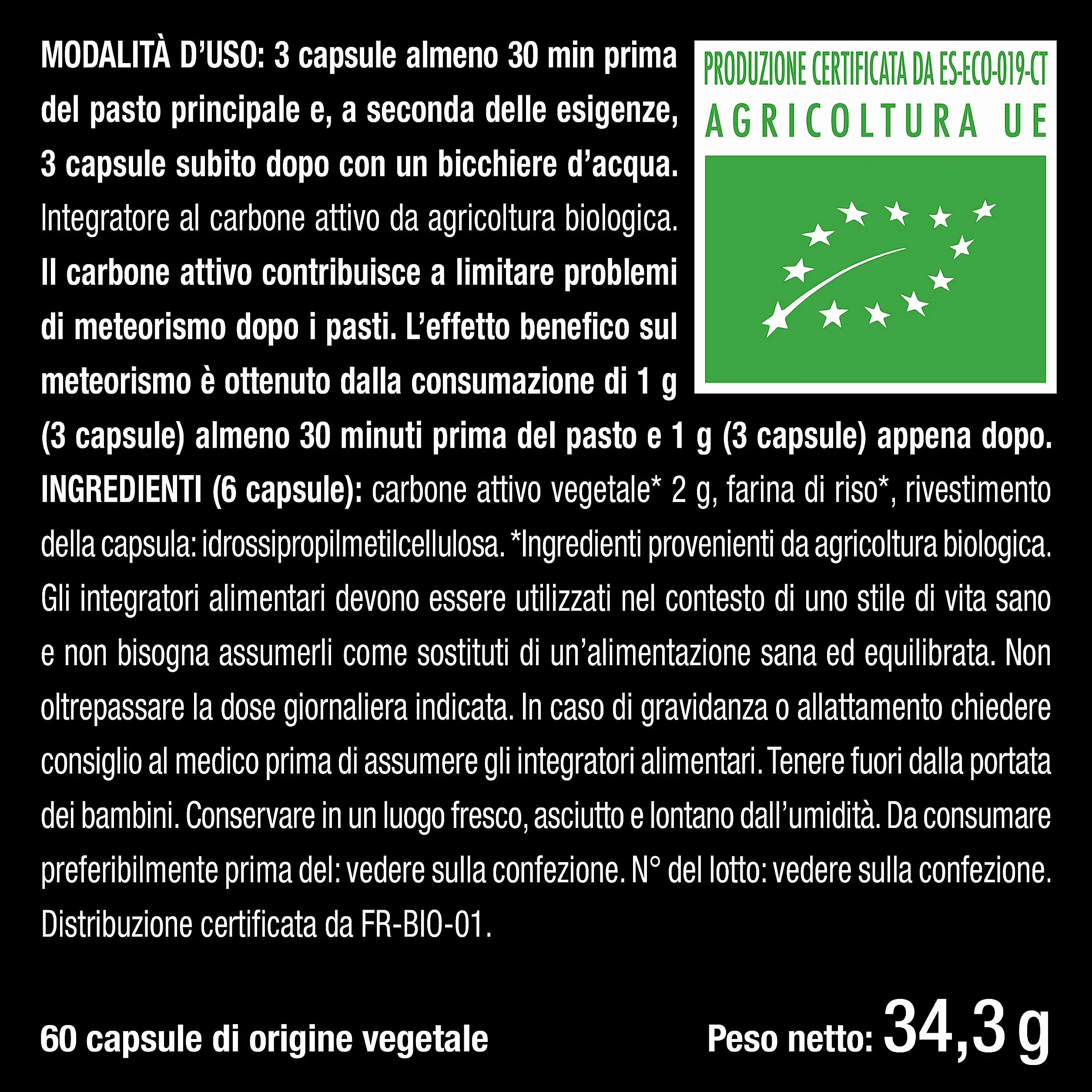 Nutrimea Carbone Attivo Vegetale Biologico 60 Capsule Integratore Contro Gonfiore Addominale