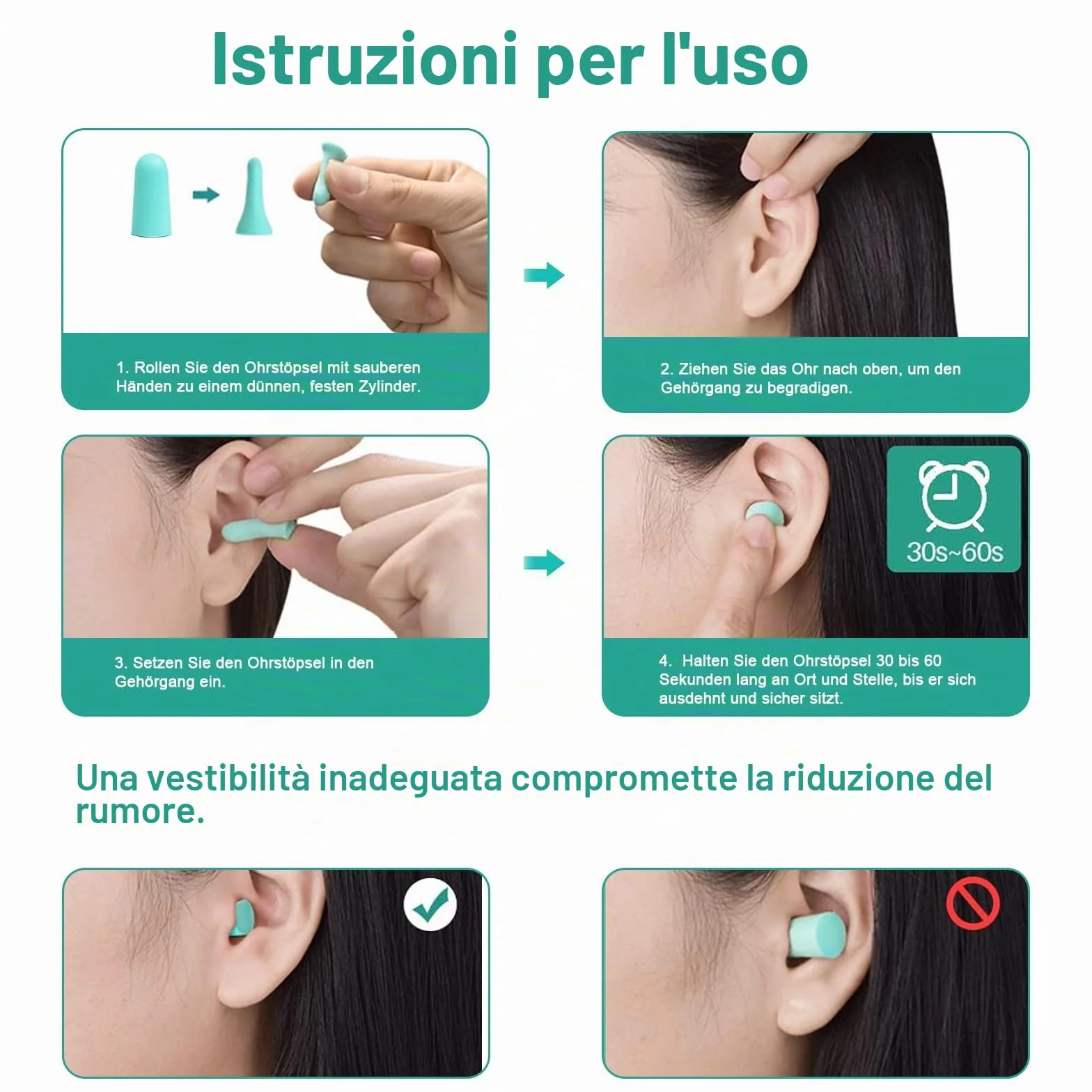 SURFOU Tappi Orecchie Dormire, 60 Paia, Riduzione Rumore 38 dB, Riutilizzabili e Confortevoli, Ideali per Russare, Studio, Viaggio, Moto, Ufficio, Dormitori Laterali, Turchese
