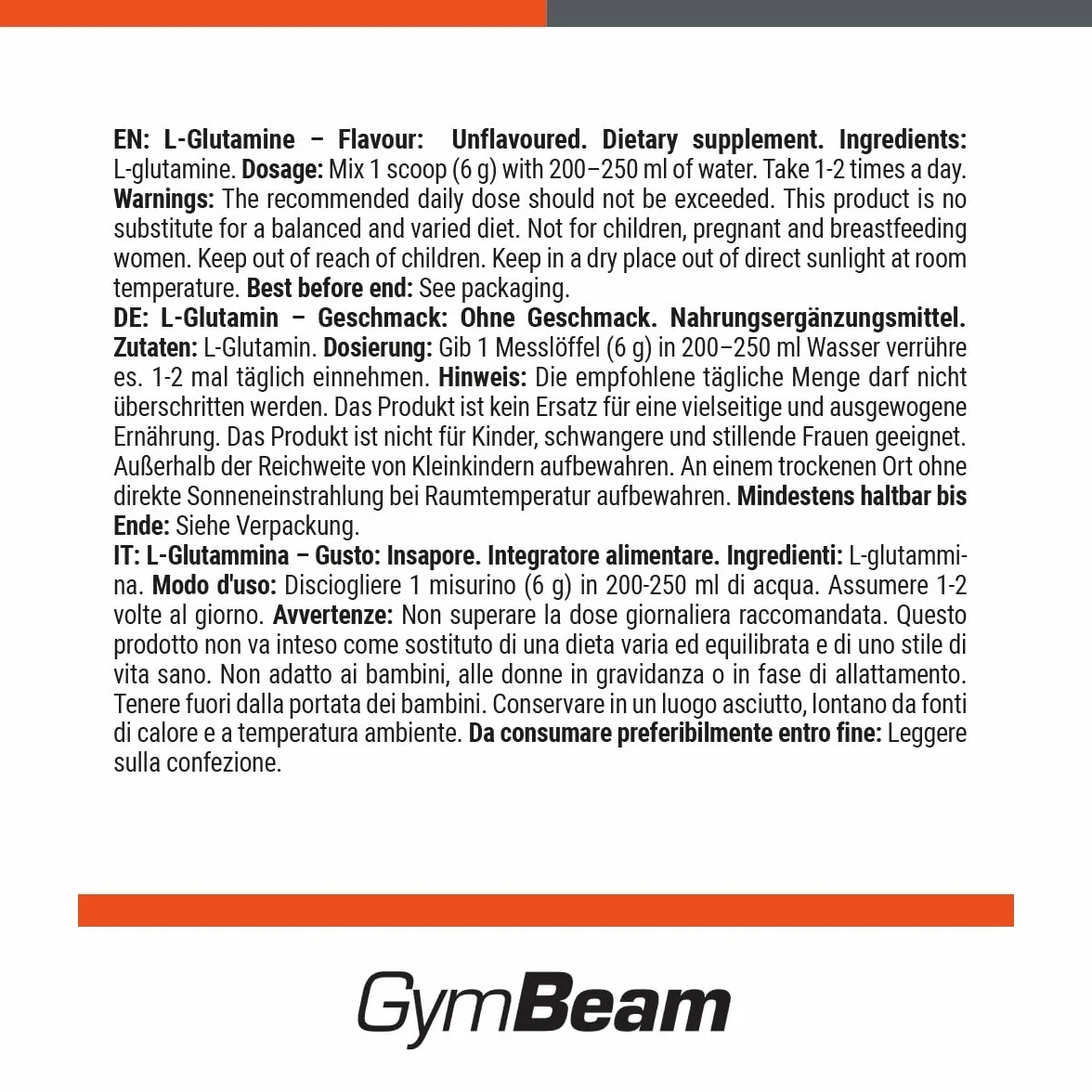 GymBeam L-Glutammina in Polvere, Amminoacidi Essenziali, Metodo di Fermentazione Delicato, Glutammina, Gusto Neutro, Sintesi Proteica nei Muscoli, Amminoacidi Essenziali in Polvere (Neutro, 500 g)